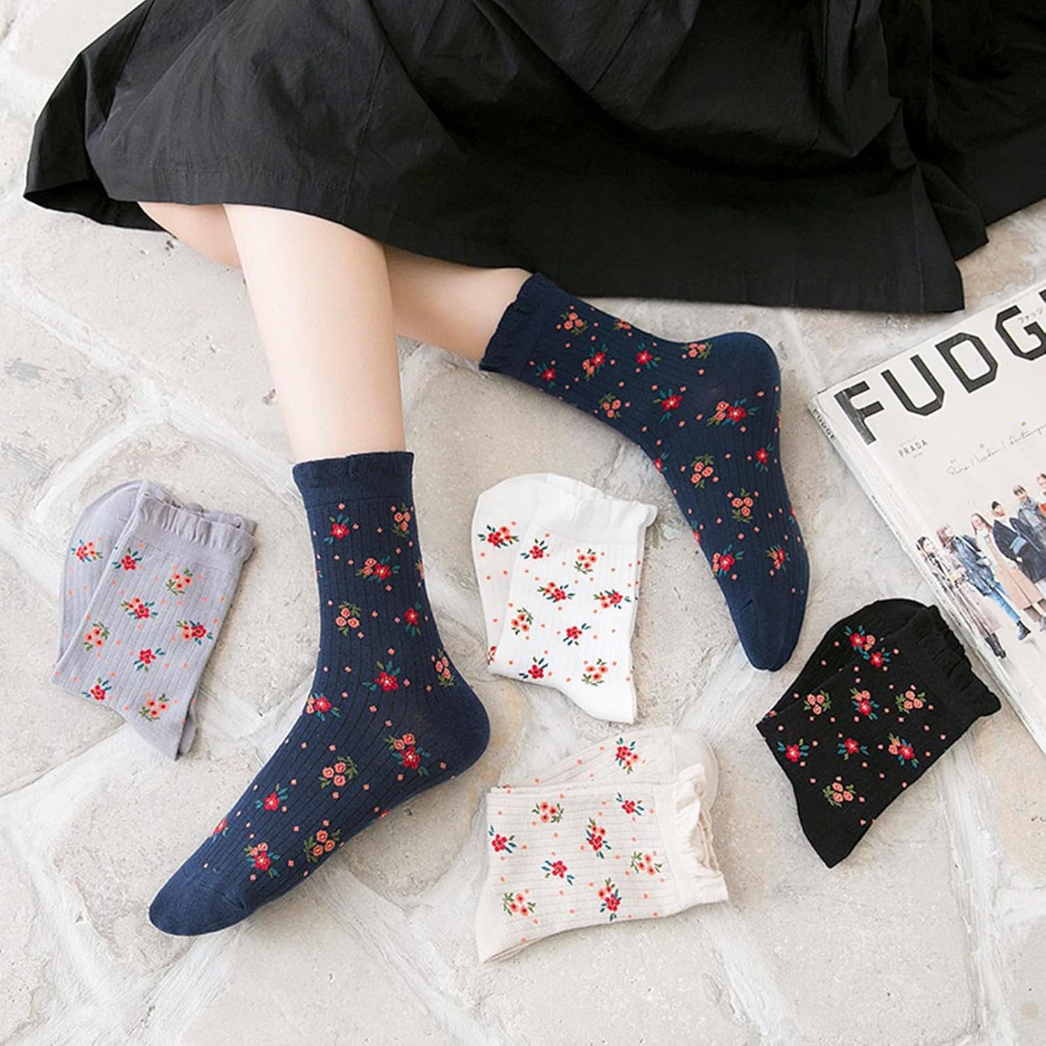 DXYAKY Women’s Floral Embroidered Crew Socks, 5 Pairs Vintage Novelty Ruffle Cotton Dress Socks, Elegant Breathable Cute Girl - Image 2