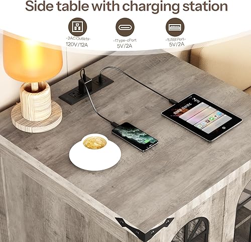 Miniatura 4 de HOOBRO Juego de 2 mesas auxiliares de granja, mesas auxiliares cuadradas grandes con estación de carga y luces LED, mesa auxiliar grande para sala