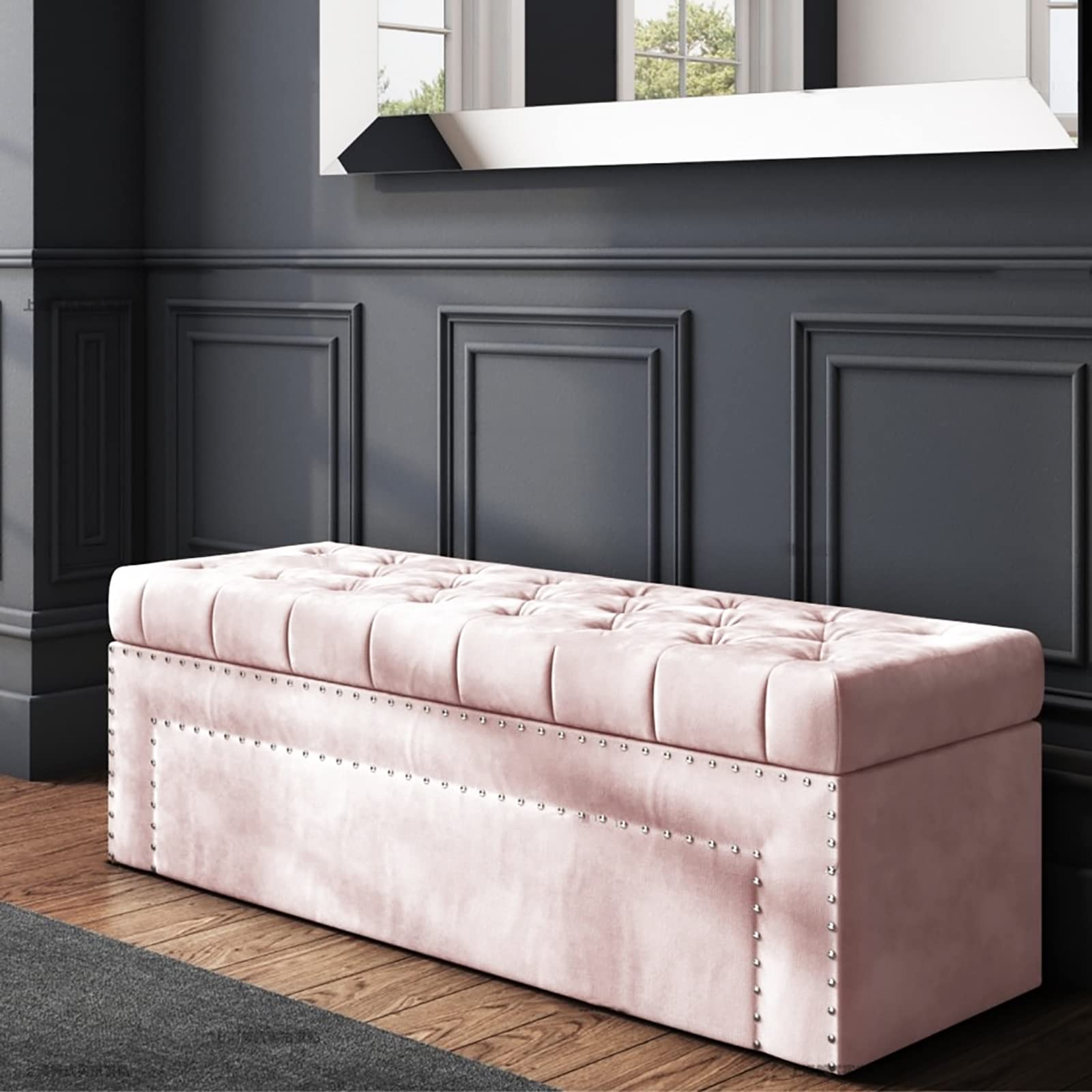 Repose-pieds velours rectangulaire 60 cm capitonné de boutons cristal
