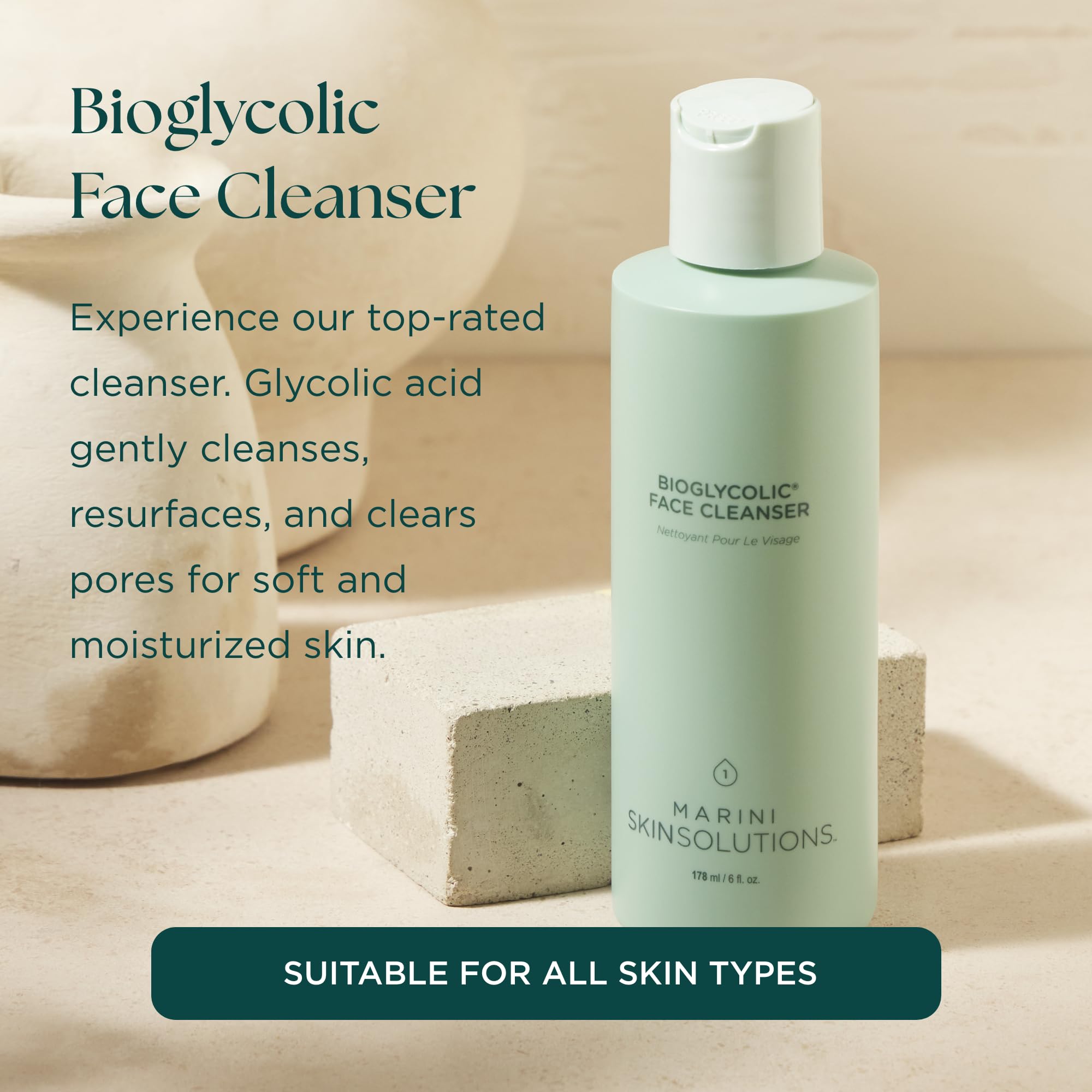 Marini SkinSolutions Bioglycolic Face Cleanser - Gentle Resurfacing Facial Wash with Glycolic Acid - Non Foaming, Non Irritating - Cruelty Free - Made in the USA - 6 fl oz