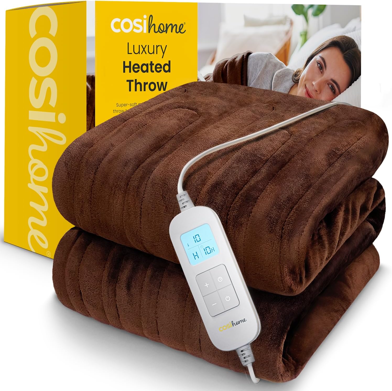 Cosi Home® Luxury Heated Throw - Electric Blanket - Extra Large Heated Blanket, Machine Washable Fleece with Digital Remote, 10hr Timer and 10 Heat Settings (Brown)