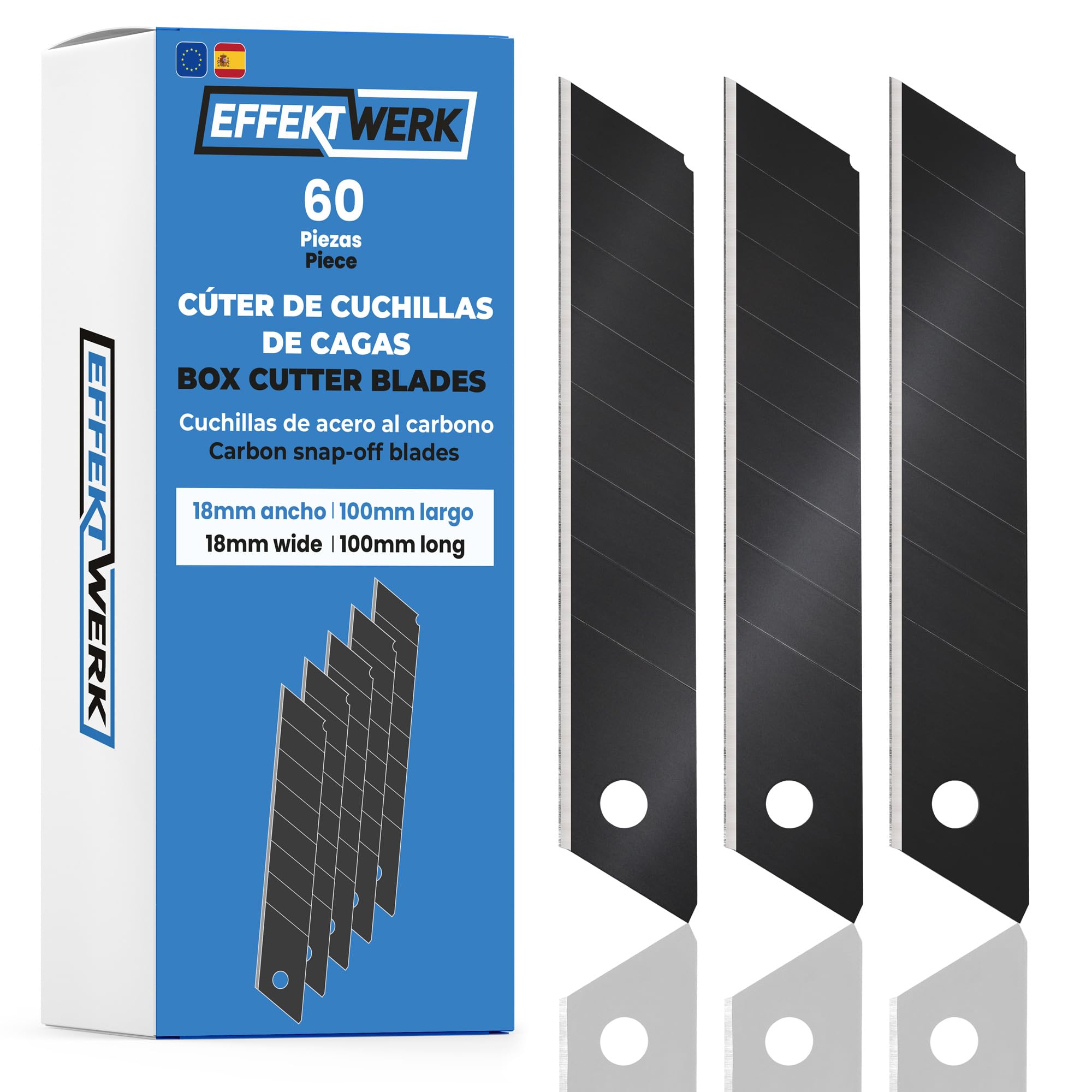 Cuchillas para cortador de cajas EffektWerk (negras, paquete de 60), cuchillas de repuesto para cuchillos utilitarios de 18 mm, cuchillas a presión de acero al carbono de alta resistencia
