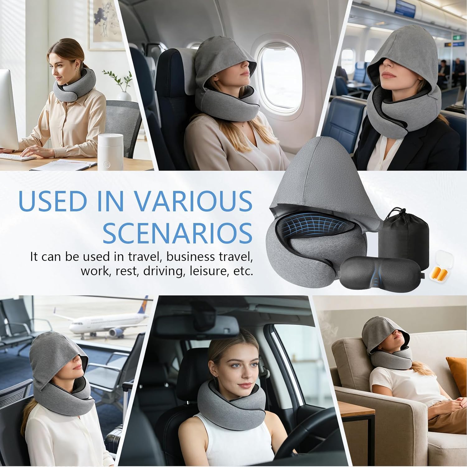 Memory Foam Travel Neck Pillow for Airplane – New Ergonomic Wrap-Around Design，Washable Cover, Carry Bag & Sleep Mask – for Sleeping Plane Train Travel Essentials (Dark Gray)