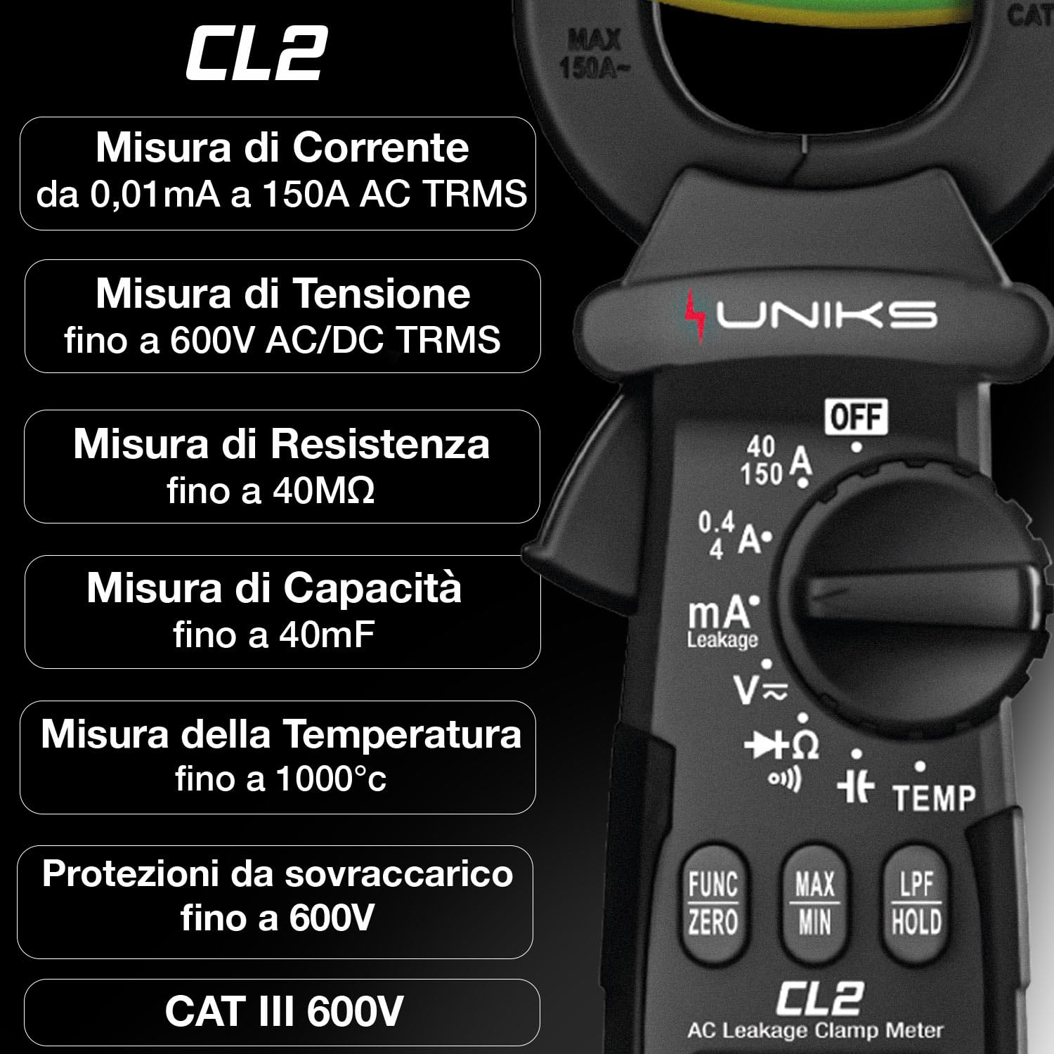 UNIKS Pinza amperimétrica profesional CL2 para corrientes de dispersión, tensión CA/CC, TRMS 600 V