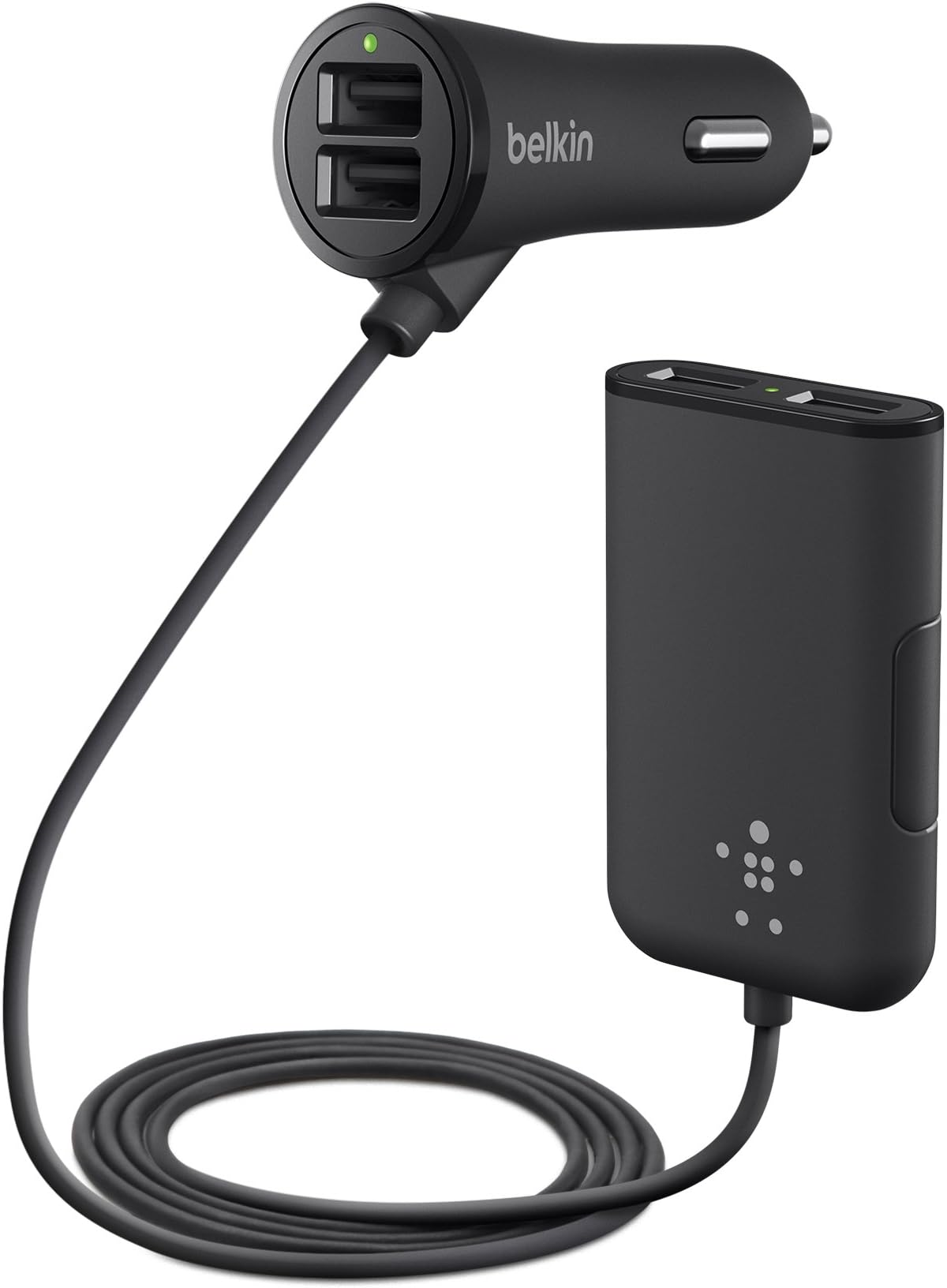 belkin road rockstar with 4 usb ports for front and backseat charging, 2 front seat usb ports with shared 2.4 amp and 1 backseat dual-port hub with 2.4 amp/port- Black