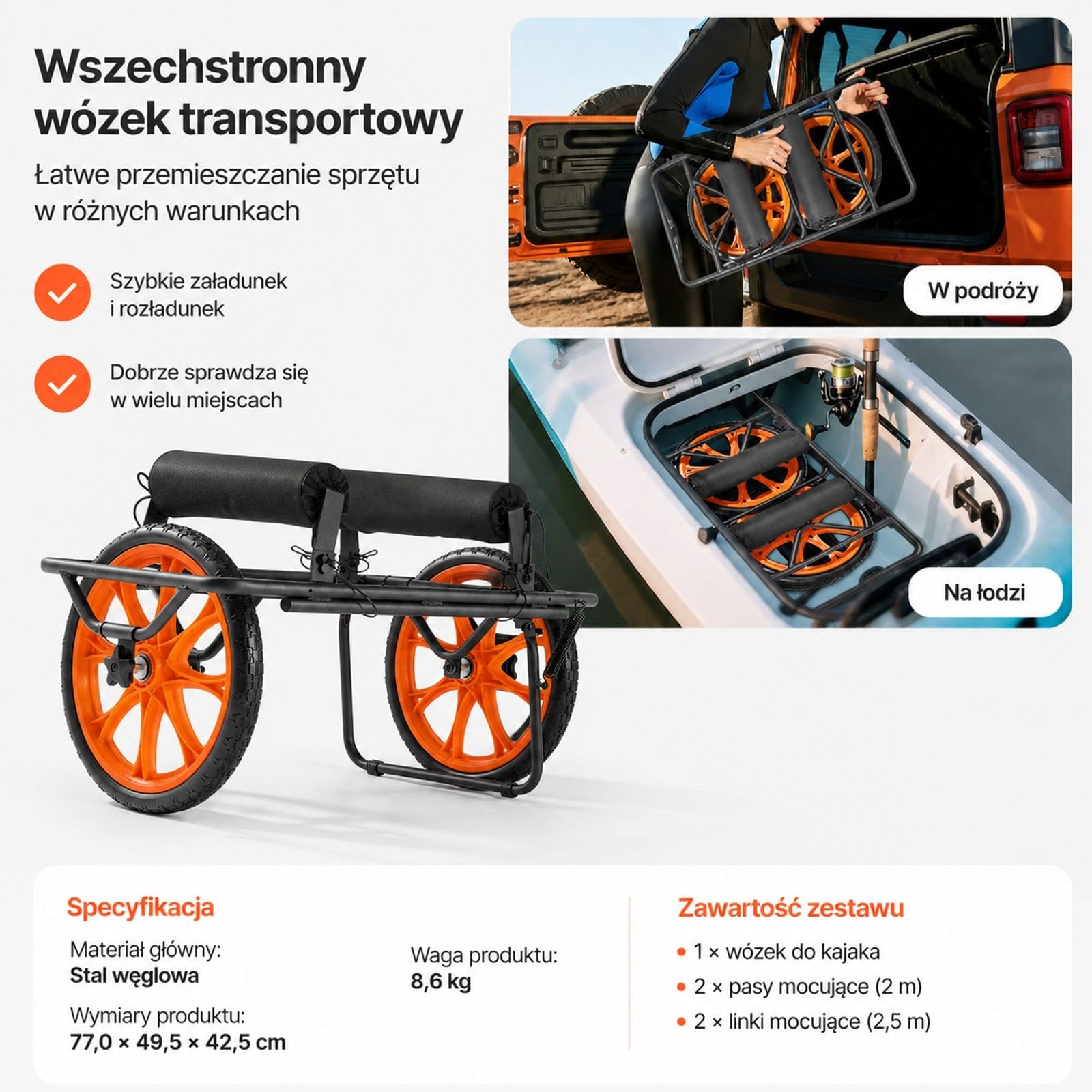 Wózek kajakowy z oponami z pełnej gumy i pasem mocującym do transportu kajaków, kanadyjek, desek SUP, łodzi Jon oraz sprzętu wodnego