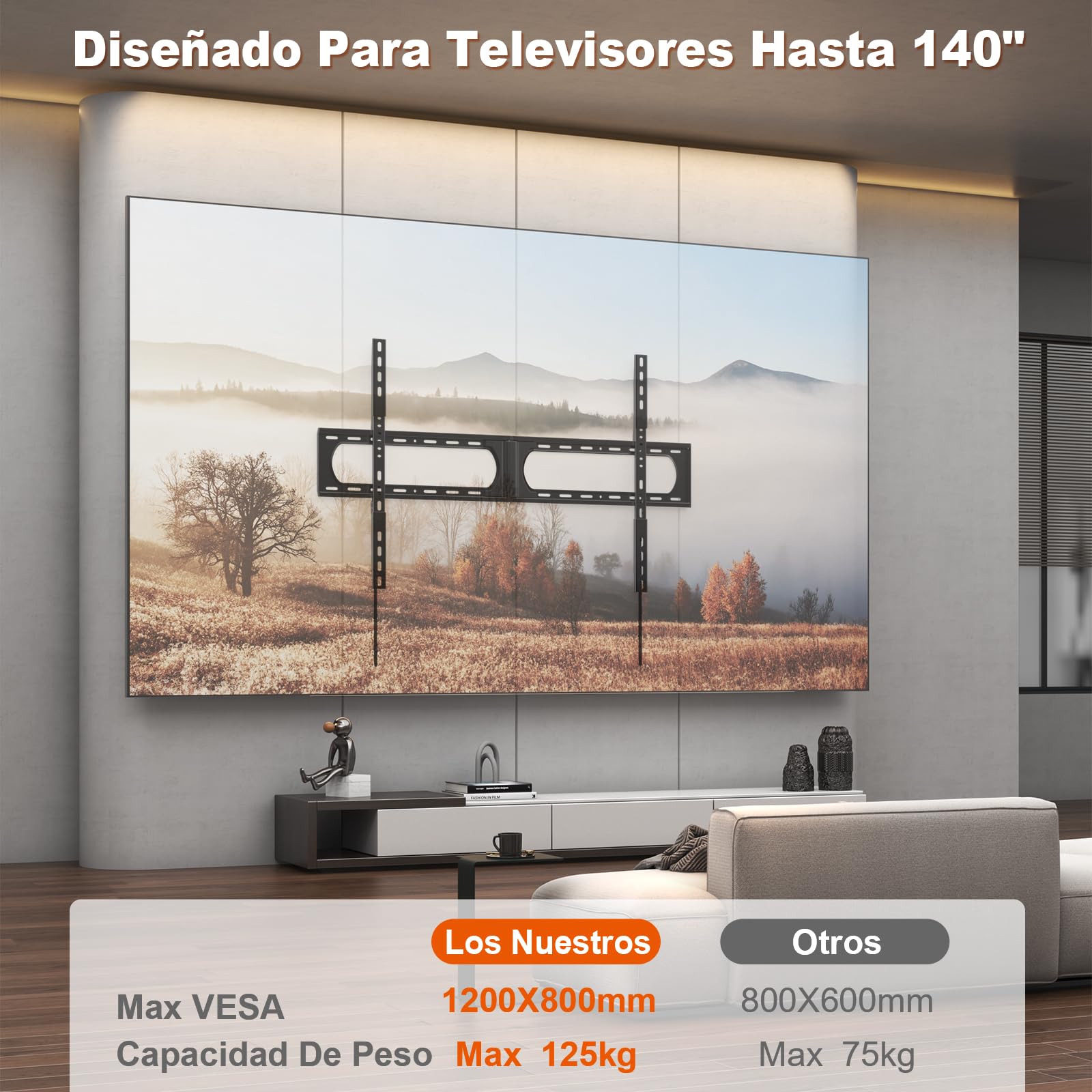 Soporte de Pared Universal para televisores de 37 a 140 Pulgadas, hasta 125 kg, máx. VESA 1200 x 800, Color Negro