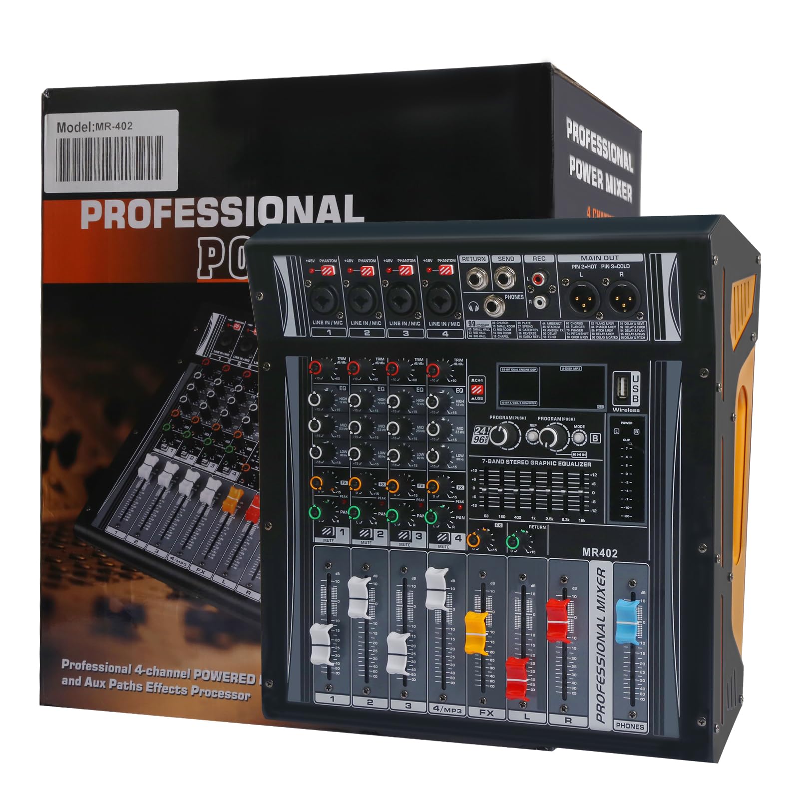 Mikser audio 4 kanały, płyta miksera DJ, wbudowany moduł wzmacniacza stereo 4 omy 2 x 300 W i zasilanie fantomowe 48 V, płyta miksera dźwiękowego z efektem opóźnienia pogłosu 99 DSP FX do