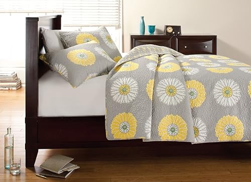 Cozy Line Home Fashions Juego de ropa de cama reversible reversible con diseño floral de margaritas, blanco, gris, amarillo, blanco, gris, colcha