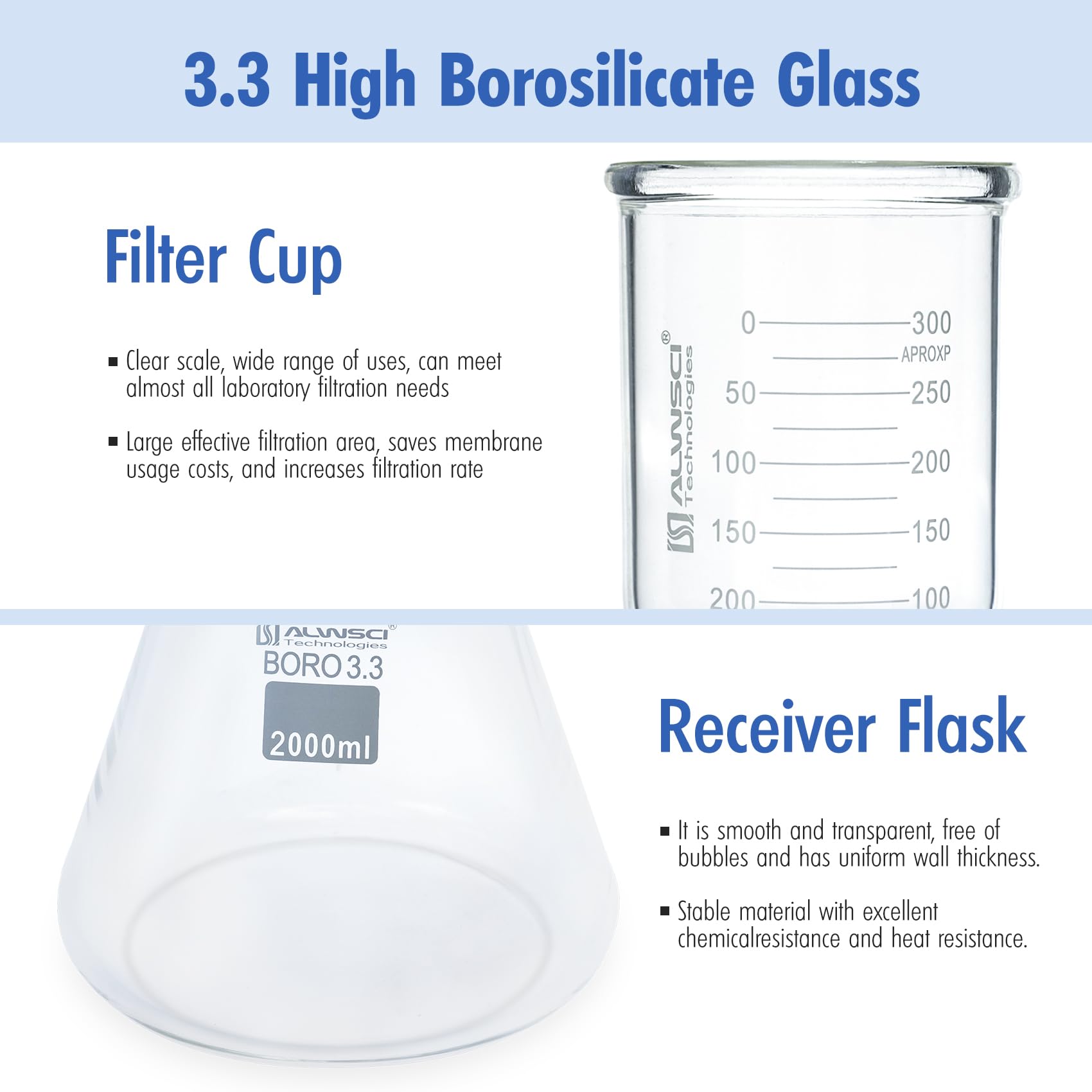 Acid Alkali Resistant Glassware Laboratory Vacuum Filtration Kit - 500ml Flask & 300ml Graduated Funnel | Borosilicate Glass With Clamp & Tube | For Essential Oils, Soap Making, Labs Acid Alkali Resistant Glassware Laboratory Vacuum Filtration Kit - 500ml Flask & 300ml Graduated Funnel | Borosilicate Glass With Clamp & Tube | For Essential Oils, Soap Making, Labs