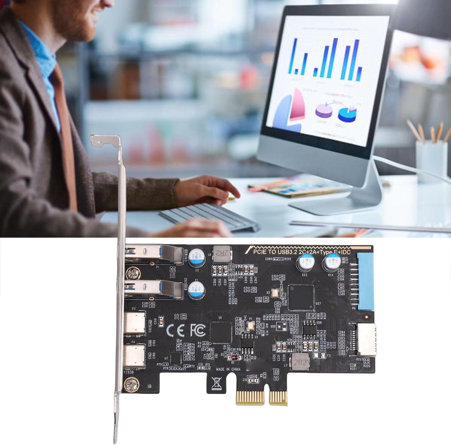 5Gbps PCIE USB Expansion Card, 2 Type C 2 USB 3.0 Type E 19Pin IDC Port, with 720201 Chip, for Desktop PC to 11