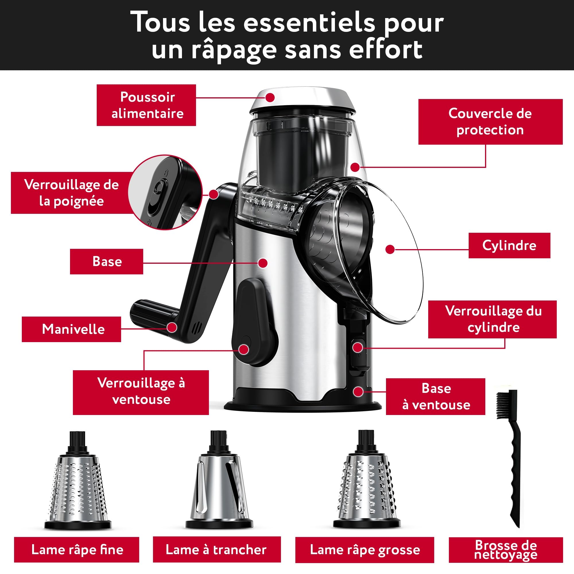 Râpe à fromage - Inox Coupe Legumes Manuelle avec 3 Lames de Tambour Détachables - Rapide et Facile - Base Antidérapante - Rapeuse de Cuisine pour Légumes Fromage Concombre Carotte Noix