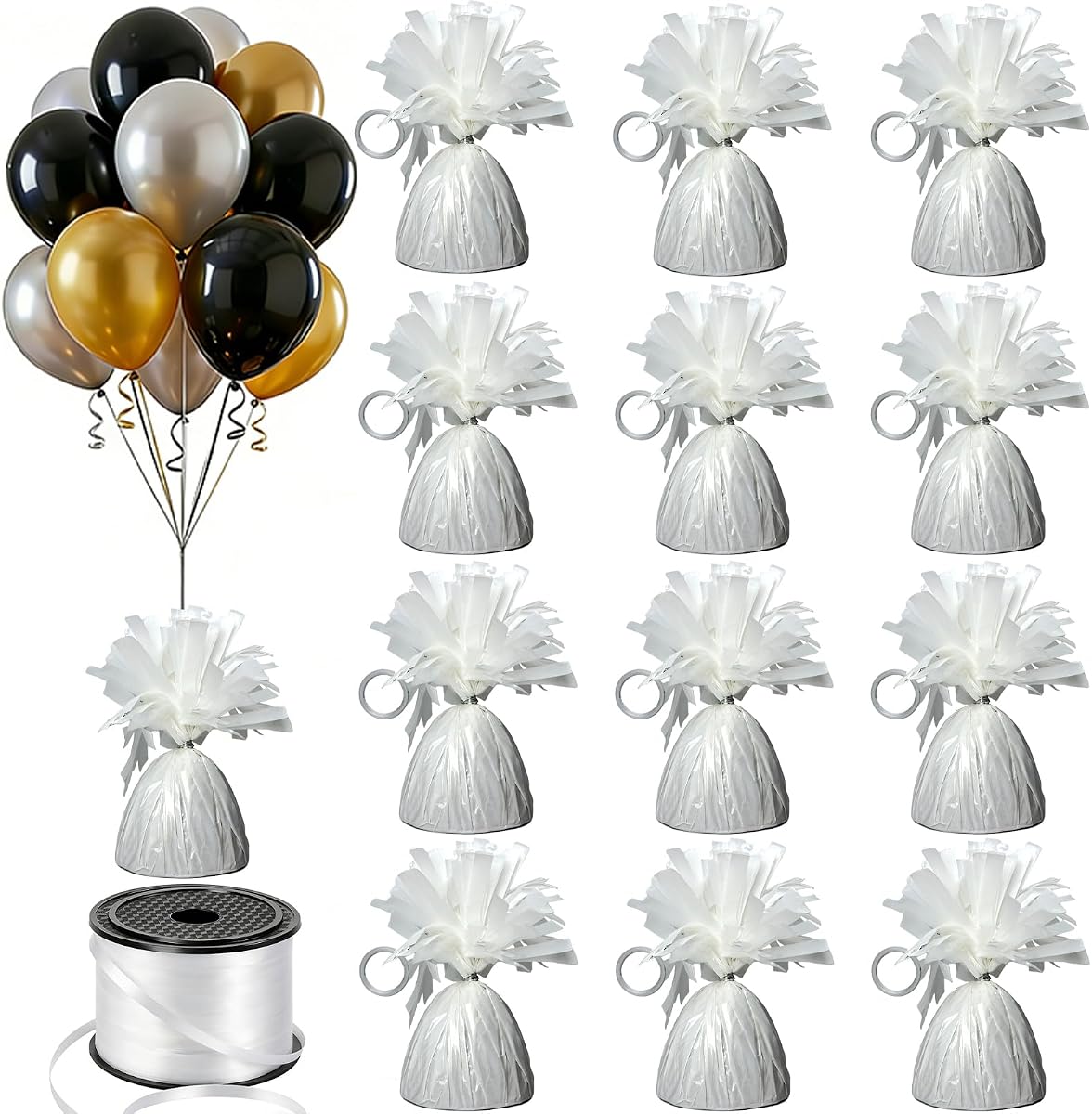 FUBININA 12 Pcs Balloon Weight Metallic Anchor with 1 Roll Ribbon Heavy Duty Aluminum Foil Balloon Holder Helium Balloon Stand Table Decor for Graduation Birthday Wedding Party Favor, White