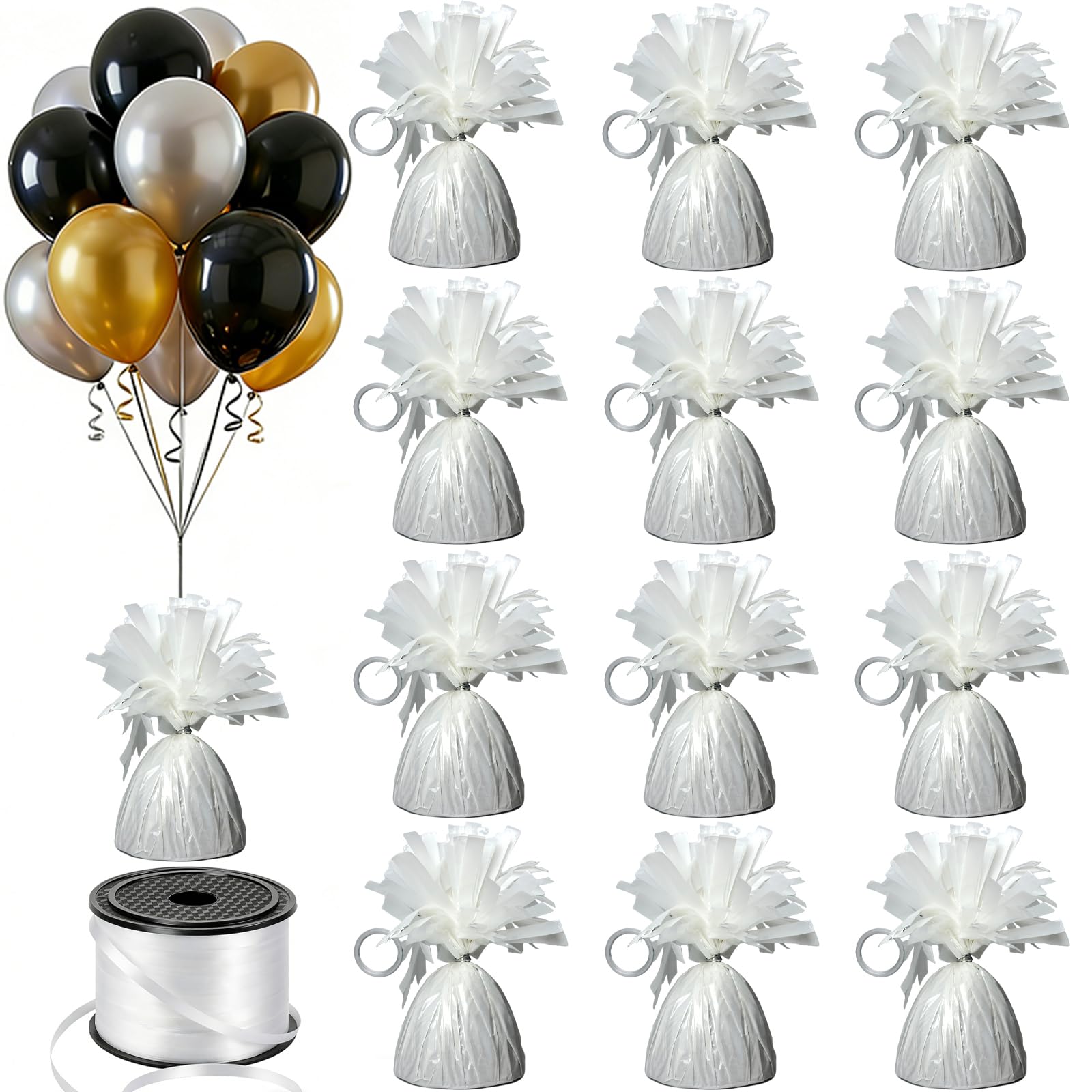 FUBININA 12 pesi per palloncini con ancora metallica con 1 rotolo di nastro in alluminio resistente, supporto per palloncini a elio, decorazione da tavolo per laurea, compleanno, matrimonio