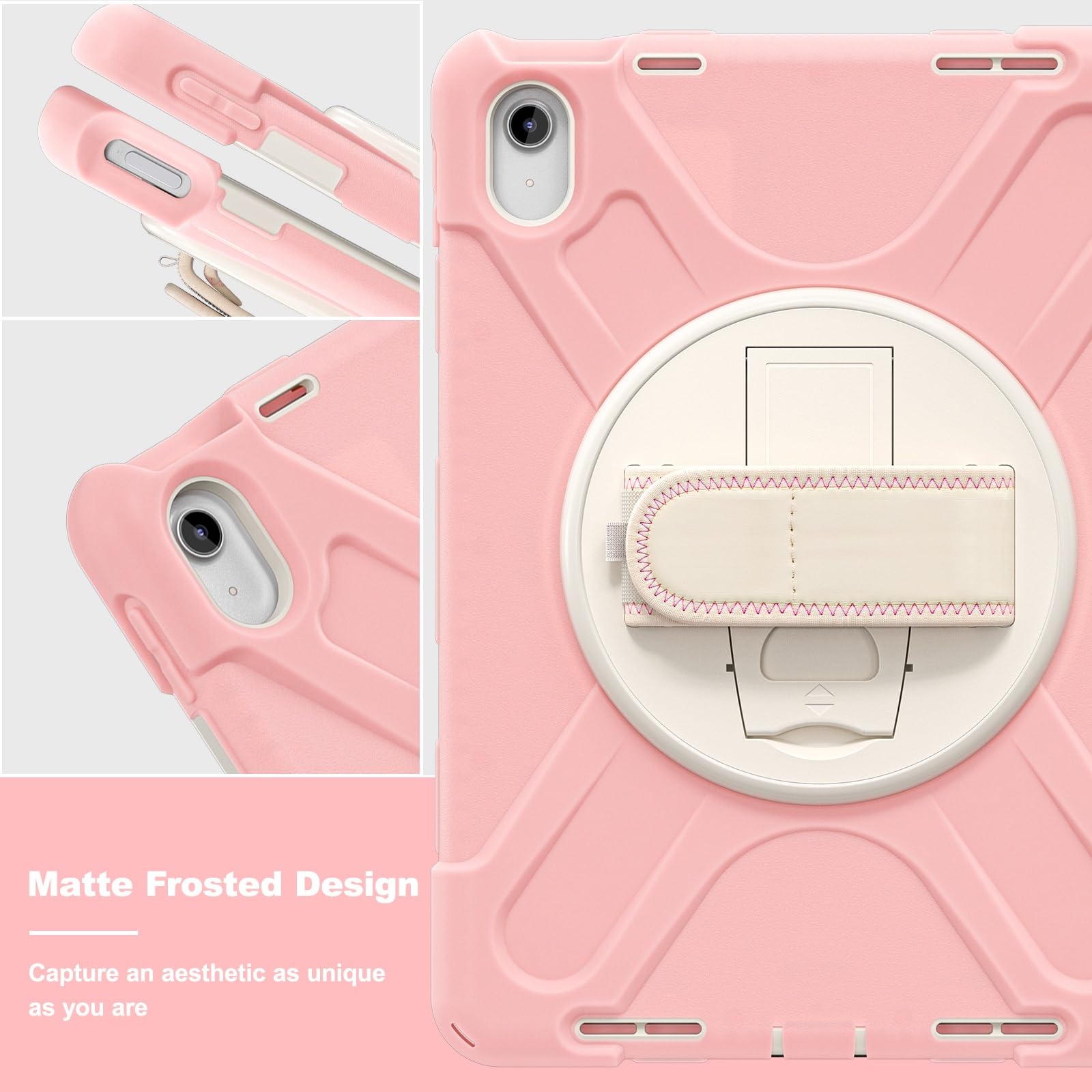 Pokrywa tabletu Kompatybilny z etui iPad 10. generacji 10,9 cala 2022, wytrzymałe, odporne na wstrząsy etui ochronne z paskiem na ramię, etui ochronne silikonowe dla dzieci Strona główna tabletu(Pembe