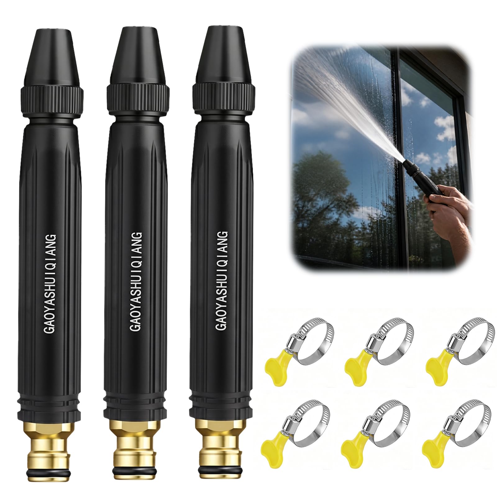 Hounyou 3 Pcs High Pressure Car Wash Water Hose Nozzle Kit, Twist Adjustable Heavy Duty Jet Water Gun for Home & Outdoor Cleaning