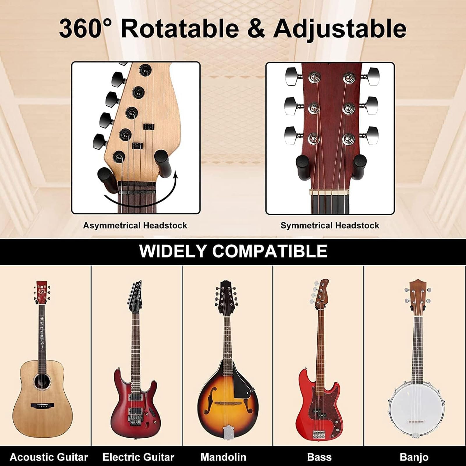 Wieszak do Montażu na ścianie z Litego Drewna i Metalu do Gitary Basowej Wieszak na gitarę z 5 Kostkami do Ukulele (2PCS)
