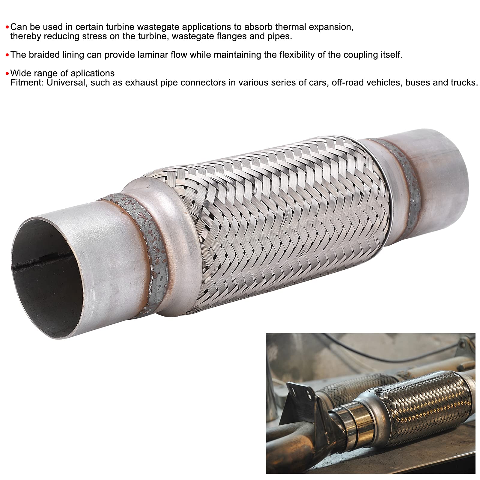 Akozon Tubo flexible de escape de 2,5 x 12 pulgadas Acoplamiento de tubo flexible de escape tejido para coche Tubo de escape trenzado Tubo de junta flexible corrugado de acero inoxidable para cam