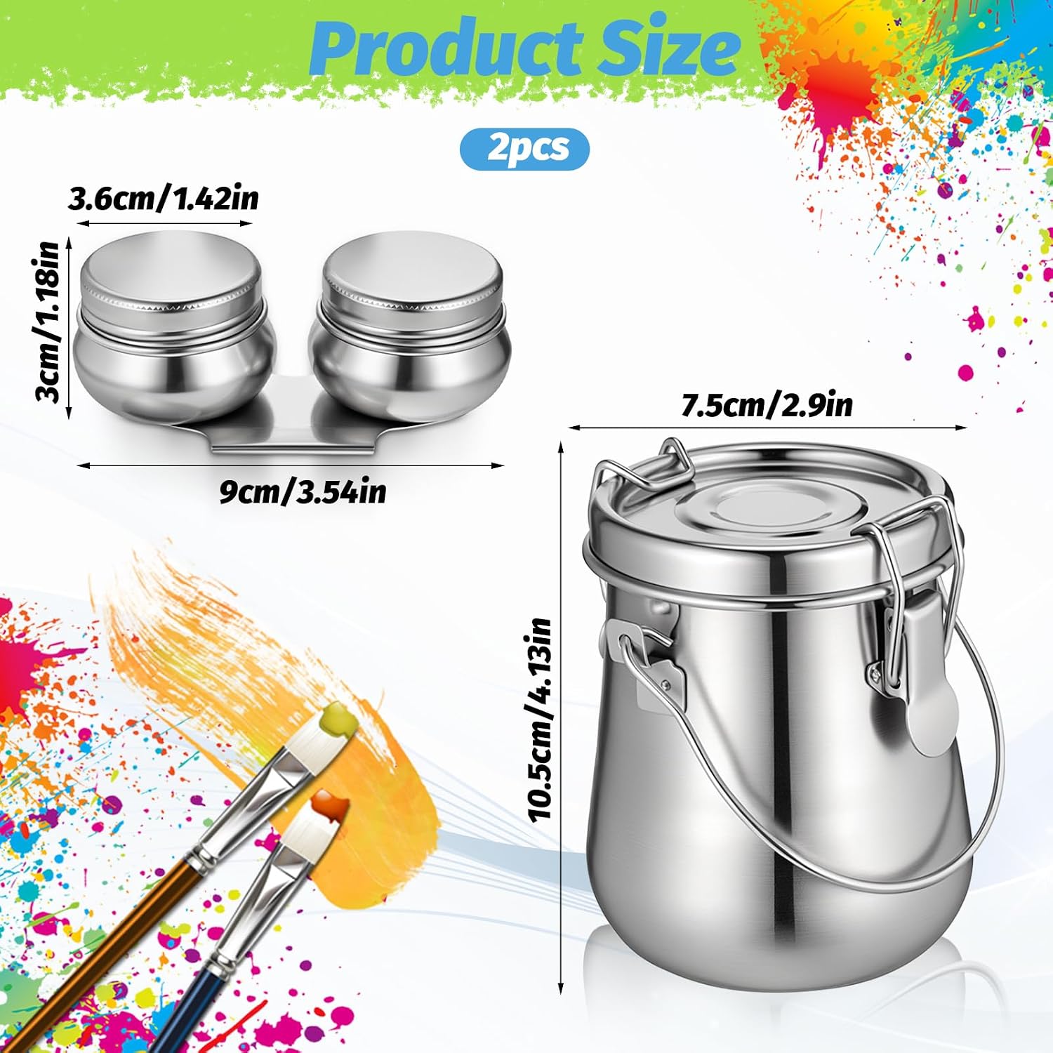 2 Pcs Paint Brush Cleaner, Airtight Stainless Steel Brush Holder for Painting Double Dipper Palette Cup Paint Brushes Portable Washer Holder for Oil Cleaner Kits(20oz/Medium)