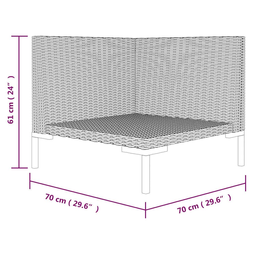 Sofa ogrodowa polirattanowa w połowie okrągła, 70 x 70 x 61 cm, ciemnoszara | Stalowa rama malowana proszkowo, zdejmowane czarne poduszki, wodoodporne, łatwe do czyszczenia