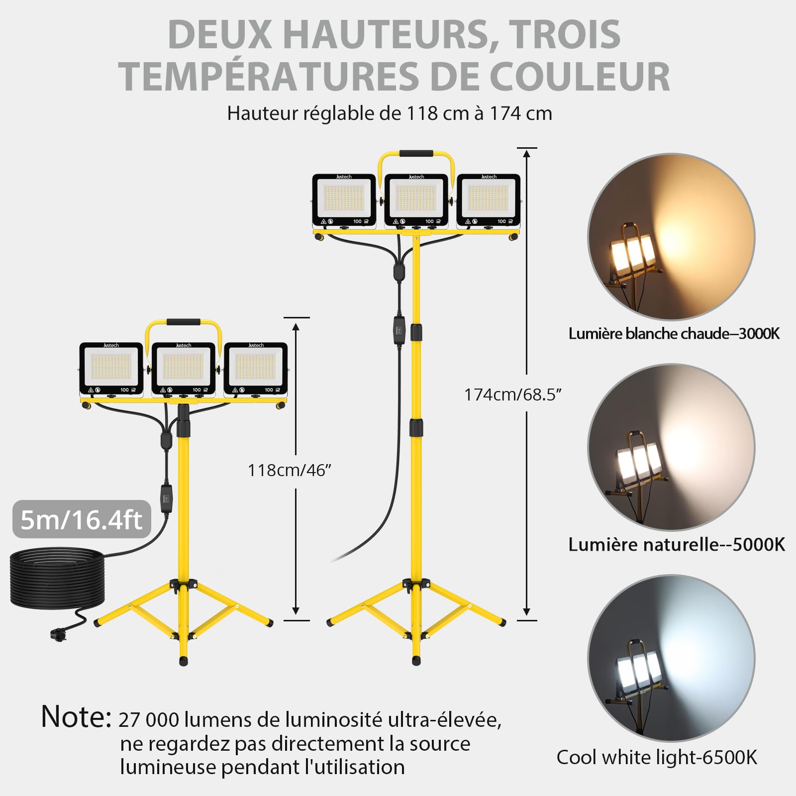 Justech Projecteur LED de Chantier 27000LM avec Trépied, Projecteur de Travail 3X100W 3 Températures de Couleur IP66 Lampe d'atelier pour Atelier, Garage, Chantier, Réparation Automobile