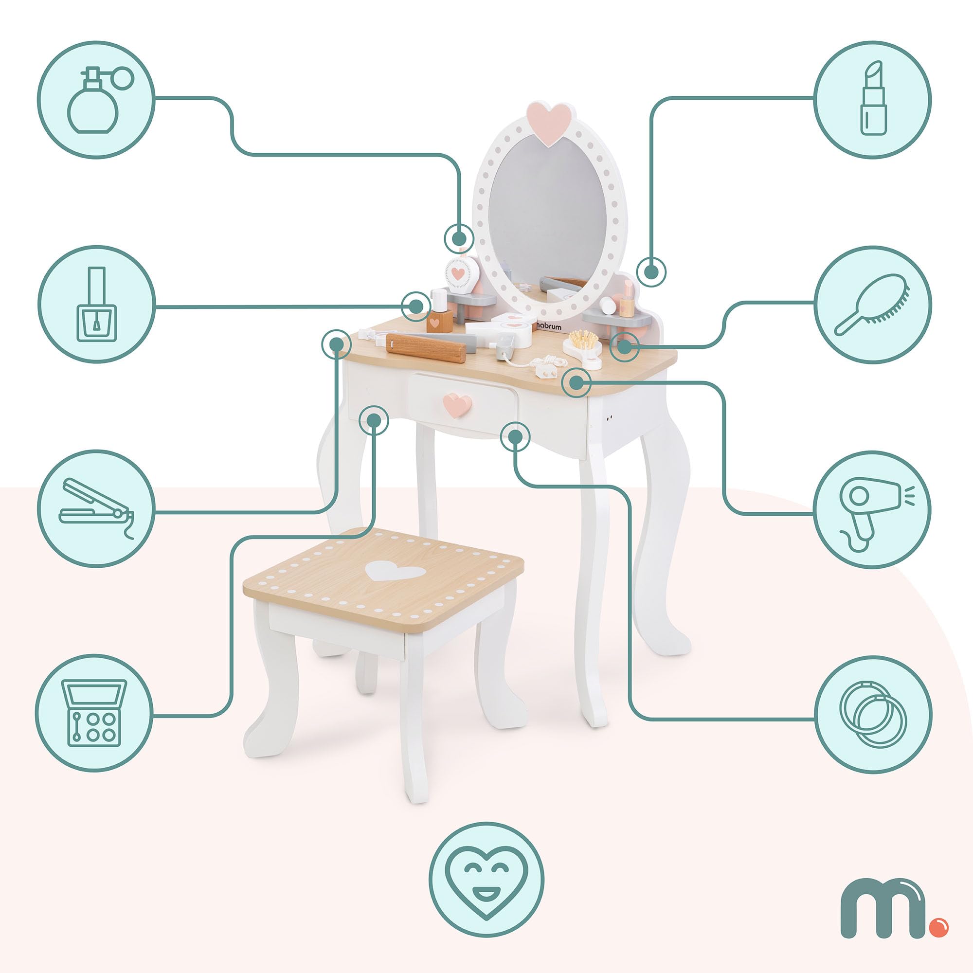 mamabrum Makeup Dreeser - Maquillaje de Madera Dresser para Niñas - Vanidad,Perfume, Esmalte de uñas, Cepillo, Lazos para el Pelo y Mesa de Maquillaje Estación de Maquillaje Niña Pequeña