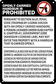 No Openly Carried Handguns Sign Metal Signs for Outdoors Bilingual Texas 30.07 Sign for Home Bar Garden Cafe Restaurant Outdoors Wall Decor 12x8 Inch