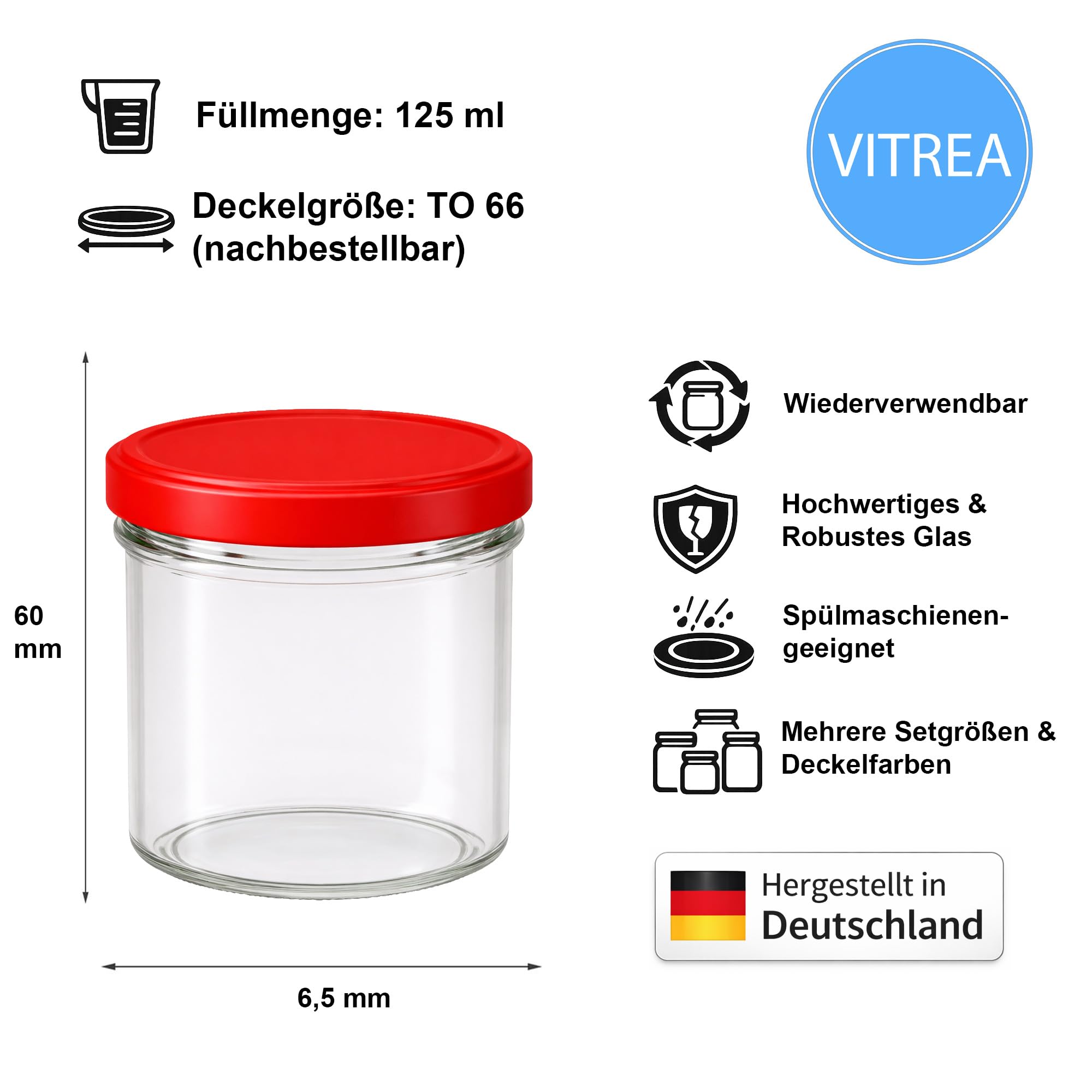 Vitrea 100x Marmeladengläser 125 ml - mit Deckel Rot TO 66 - Einmachgläser zum befüllen mit Schraubdeckel - Sturzgläser für Marmelade Schraubgläser - leere Gläser - 100 Stück
