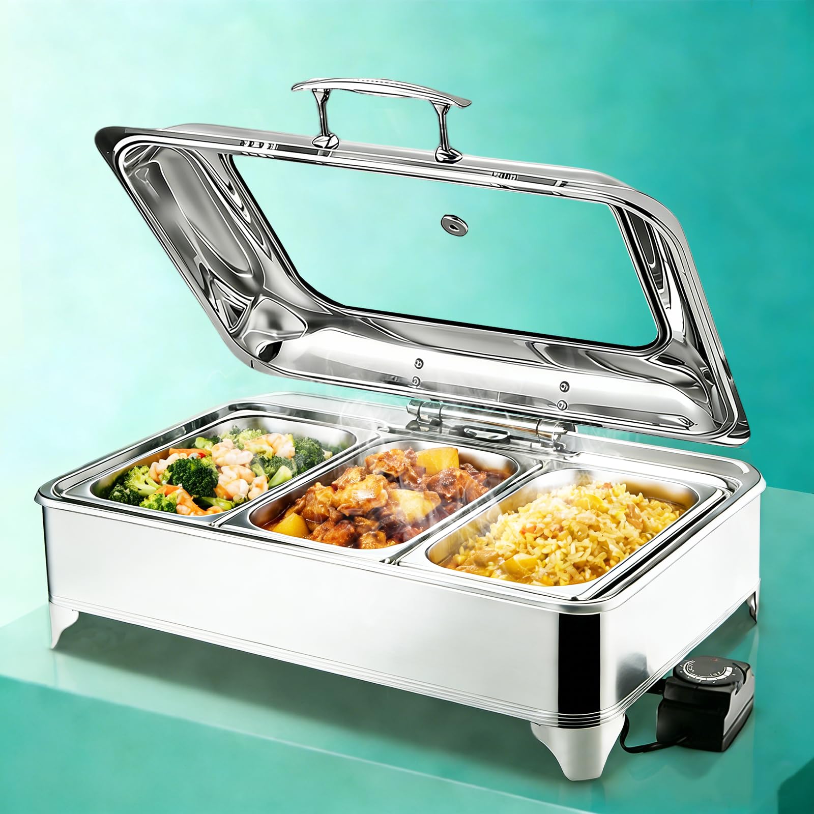Chafing Dish Électrique, 9L Chafing Dish Buffet Electrique, Chauffe-Plats Électrique Buffet Acier Inoxydable avec Couvercle Transparent Température Réglable pour Hôtels, Restaurants(1/3 Pan)