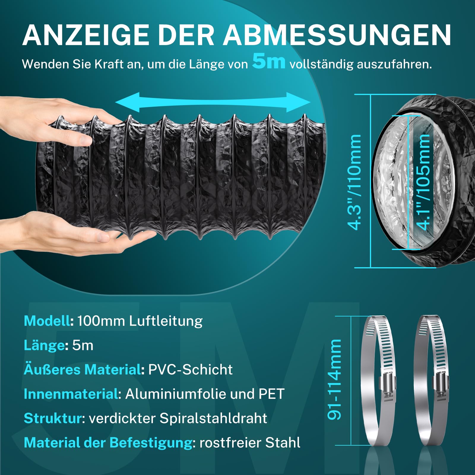 HG Power Wąż powietrza wylotowego Ø 100 mm, długość 2,5 m, elastyczna rura aluminiowa, rura wentylacyjna, izolacja akustyczna, aluminiowa rura wyciągowa do zaworu wylotowego