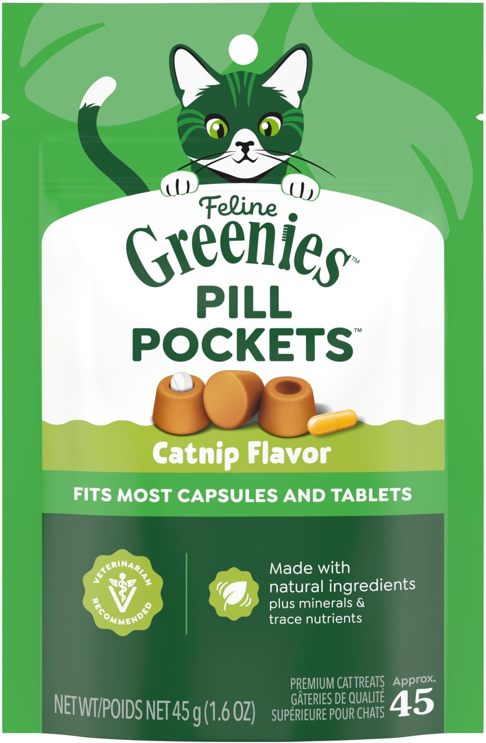 Greenies Feline Pill Pockets for Cats Natural Soft Cat Treats, Catnip Flavor, 1.6 oz. Pouch (45 Treats)