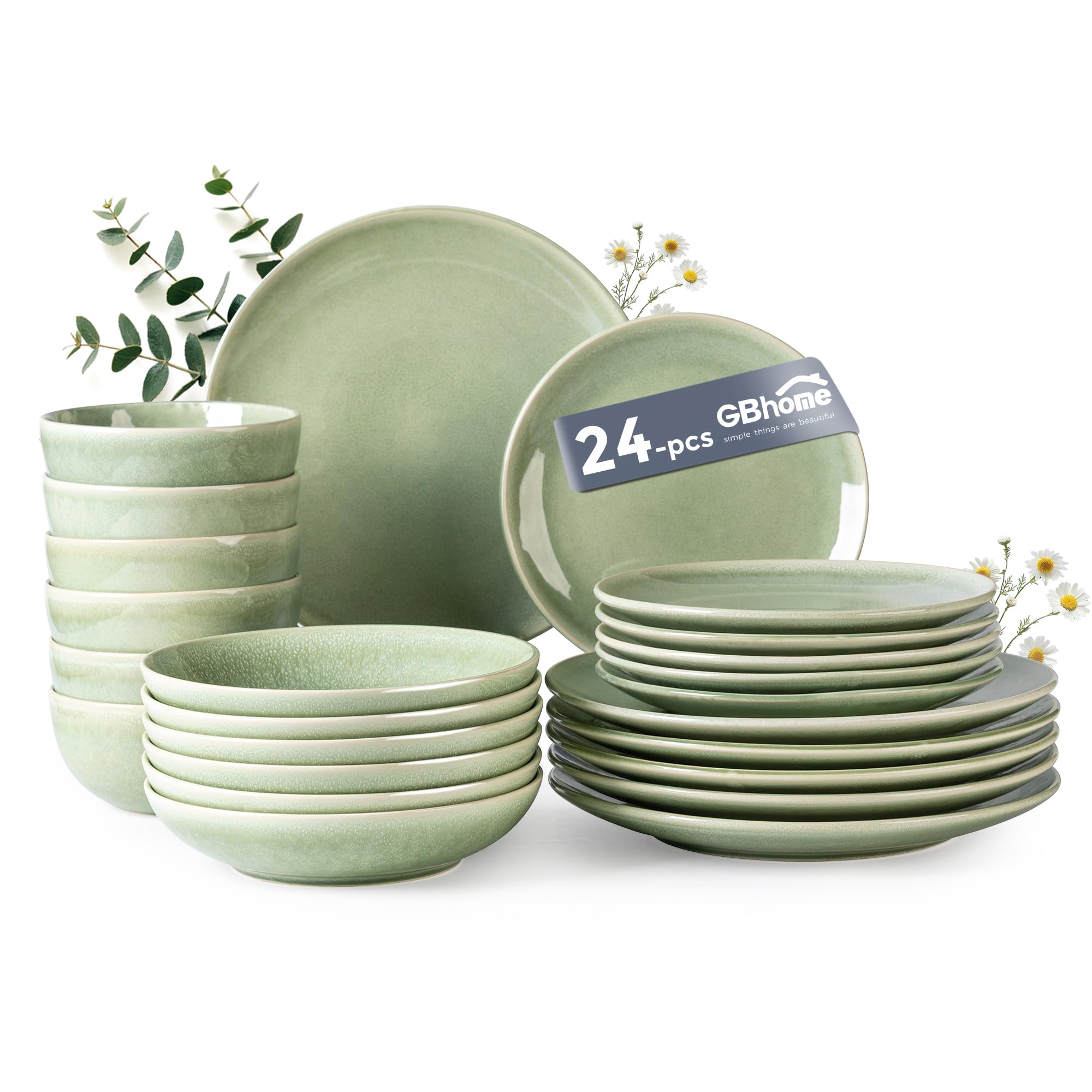 GBHOME Ceramic Dinnerware Sets for 6, 24 Pieces Handpainted Plates and Bowls Set, Scratch Resistant Stoneware Dishes Set, Dishwasher & Microwave Safe