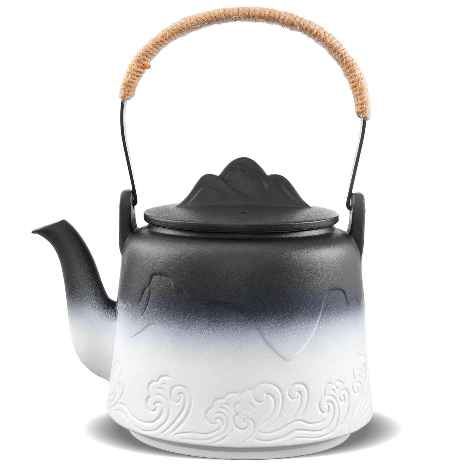 ZENS Vintage Japanese Teapot, 33.8 oz Gradient Embossed Ceramic Loose Leaf Tea Pot with Built-in Filter for Tea Steeper, Hemp Rope Handle Japanese Teapot for Tea Lovers Gifts, Black & White