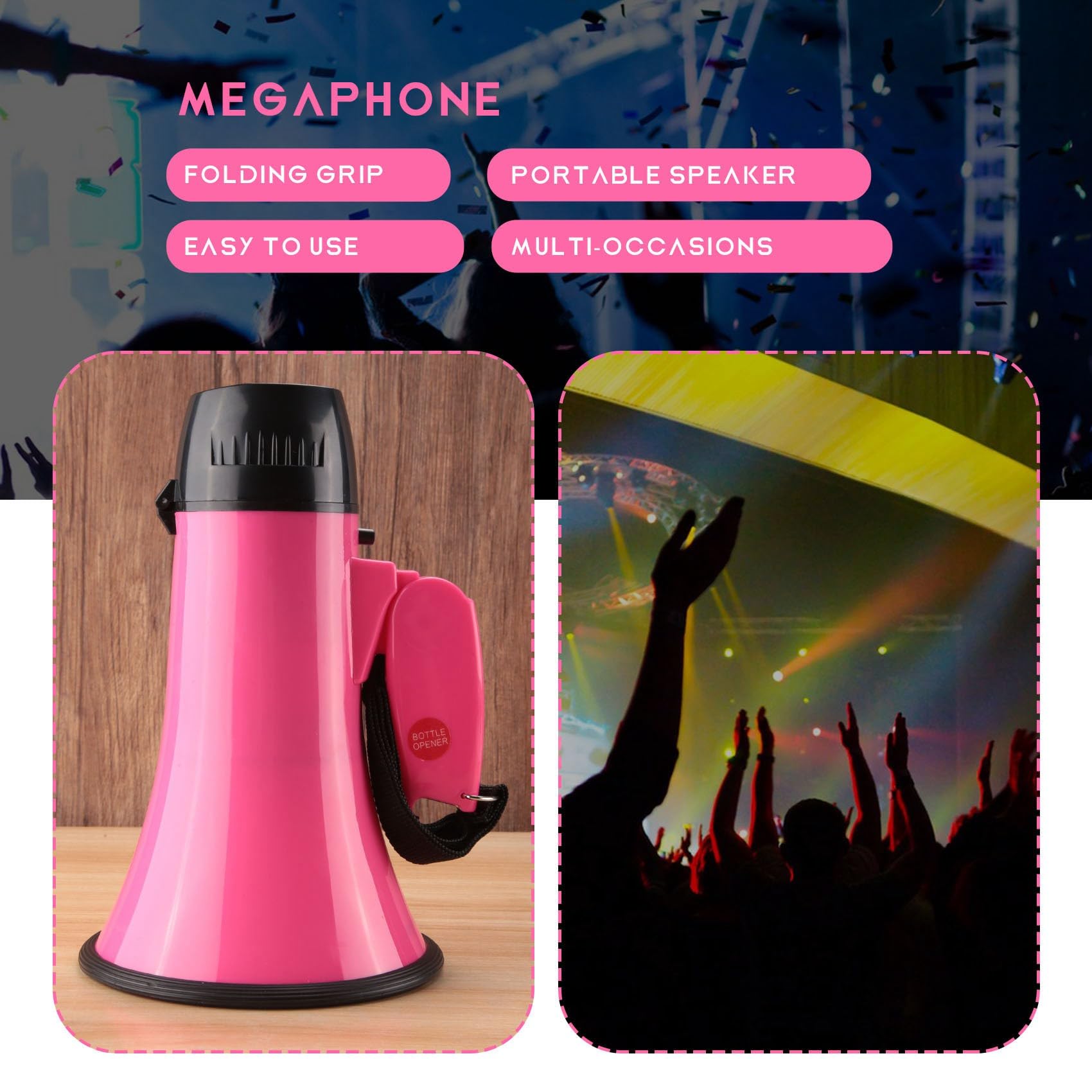 Altavoz Megáfono PA Bullhorn 25W Sirena Grabadora Voz Abrebotellas Rosa