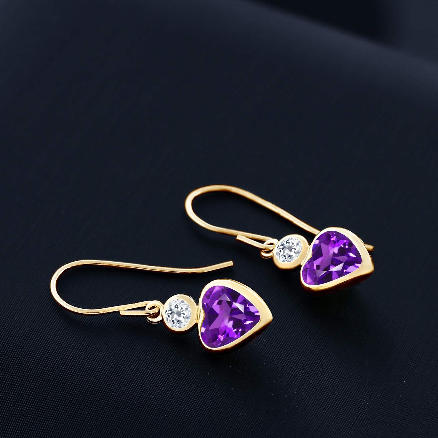 Gem Stone King 14K Yellow Gold Purple Amethyst and White Topaz French Wire Dangle Hook Earrings For Women (3.74 Cttw, Gemstone February Birthstone, Heart 6MM, Round 3MM)