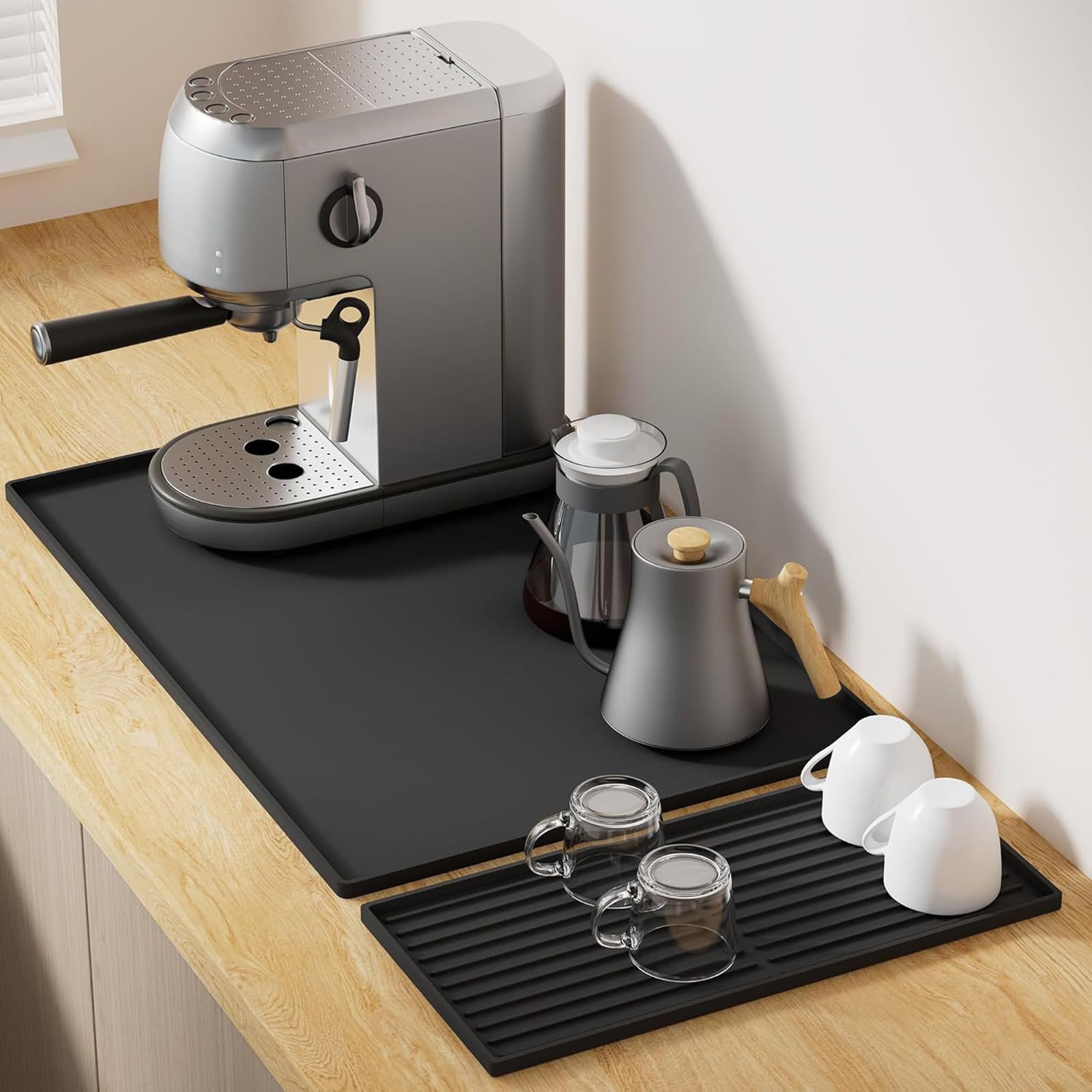 Vyranut 2-in-1 Silikon-Arbeitsplatten-Set - 60 x 40 cm verschüttete Matte mit 40 x 19 cm Abtropfmatte und magnetischem Pad-Halter, rutschfest & hitzebeständig für Küche oder Espresso-Station (Schwarz)