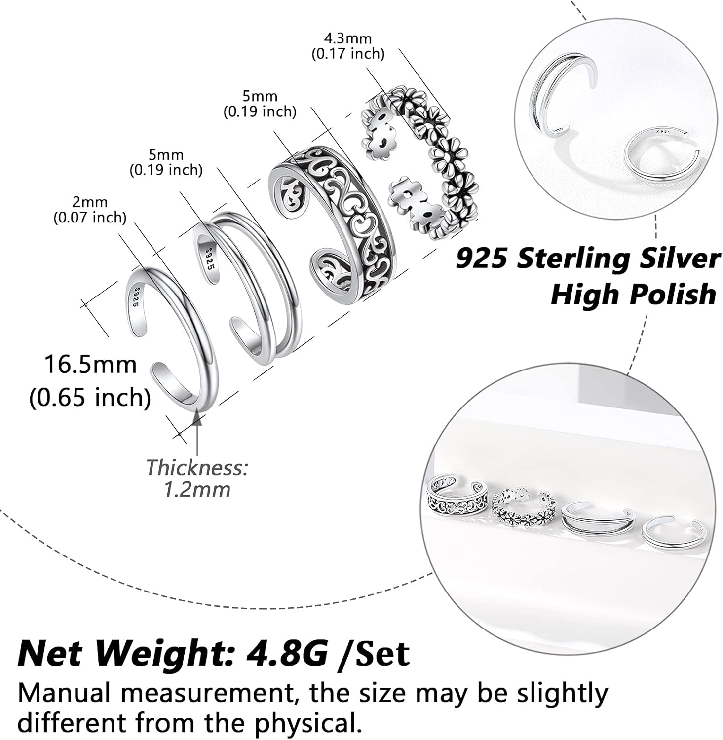 Adjustable Silver Toe Ring Set for Women 4 PCS, Knuckle Tail Ring Simple Open Band Fingers Joint Hypoallergenic Sandals Foot Jewelry