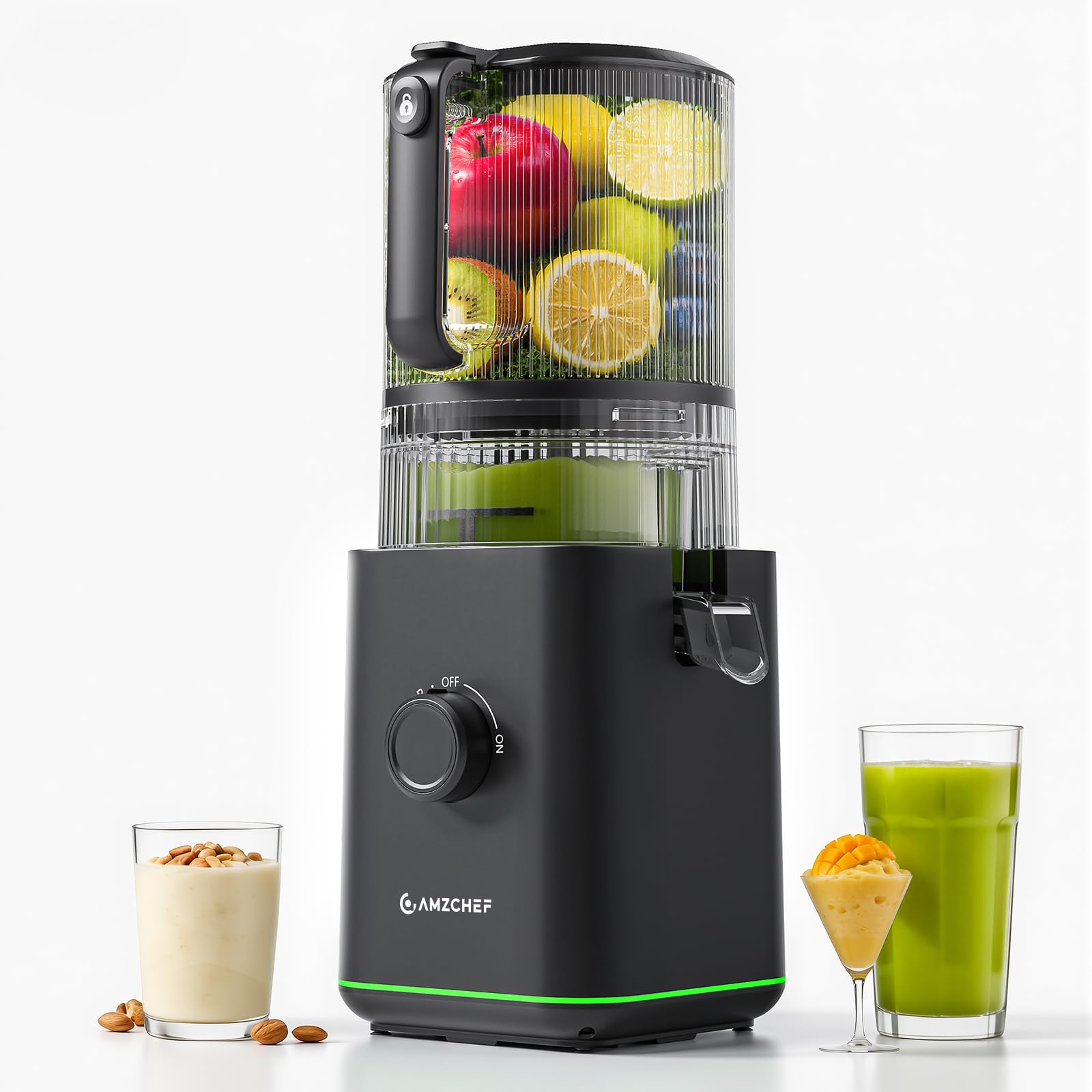 AMZCHEF Slow Juicer Entsafter für ganze Früchte & Gemüse, 155 mm XXL-Einfüllöffnung, Kaltpress Saftpresse mit hoher Saftausbeute, 2 Filter, 2,5 L Behälter, leise & leicht zu reinigen, Schwarz