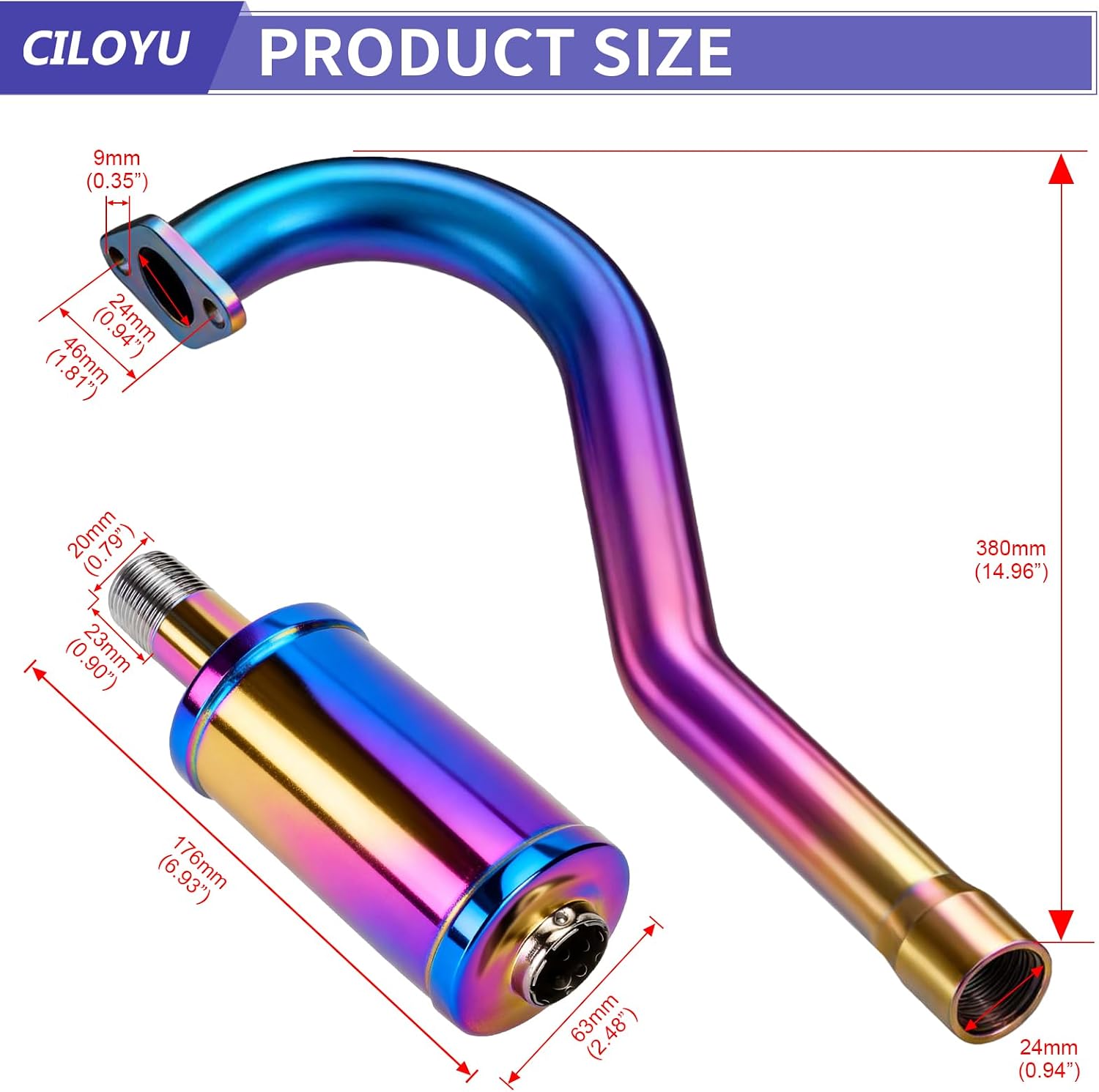 Central Long Mini Bike Exhaust Header Pipe Muffler Kit Compatible with Coleman CT100U GMB100 79cc 3HP Engine 154F 3.0HP Predator 98cc GPS Rascal 98 Lite Minibike Parts Colorful