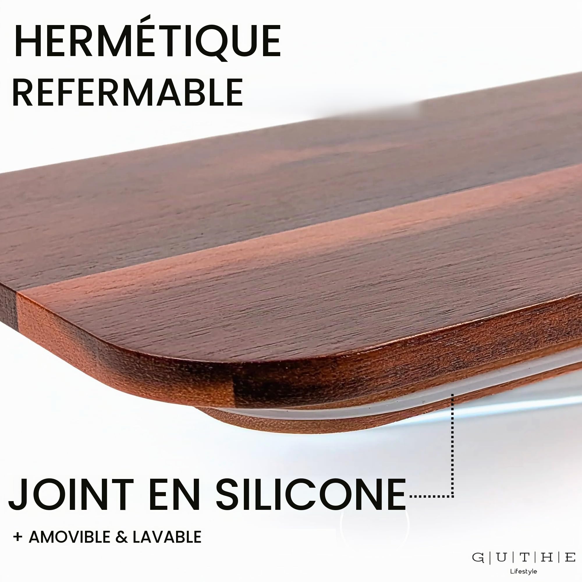 GUTHE Lifestyle Lot de 3 boîtes à charcuterie en verre pour réfrigérateur, empilables, avec couvercle en acacia, plat à gratin et rangement de saucisses et fromage