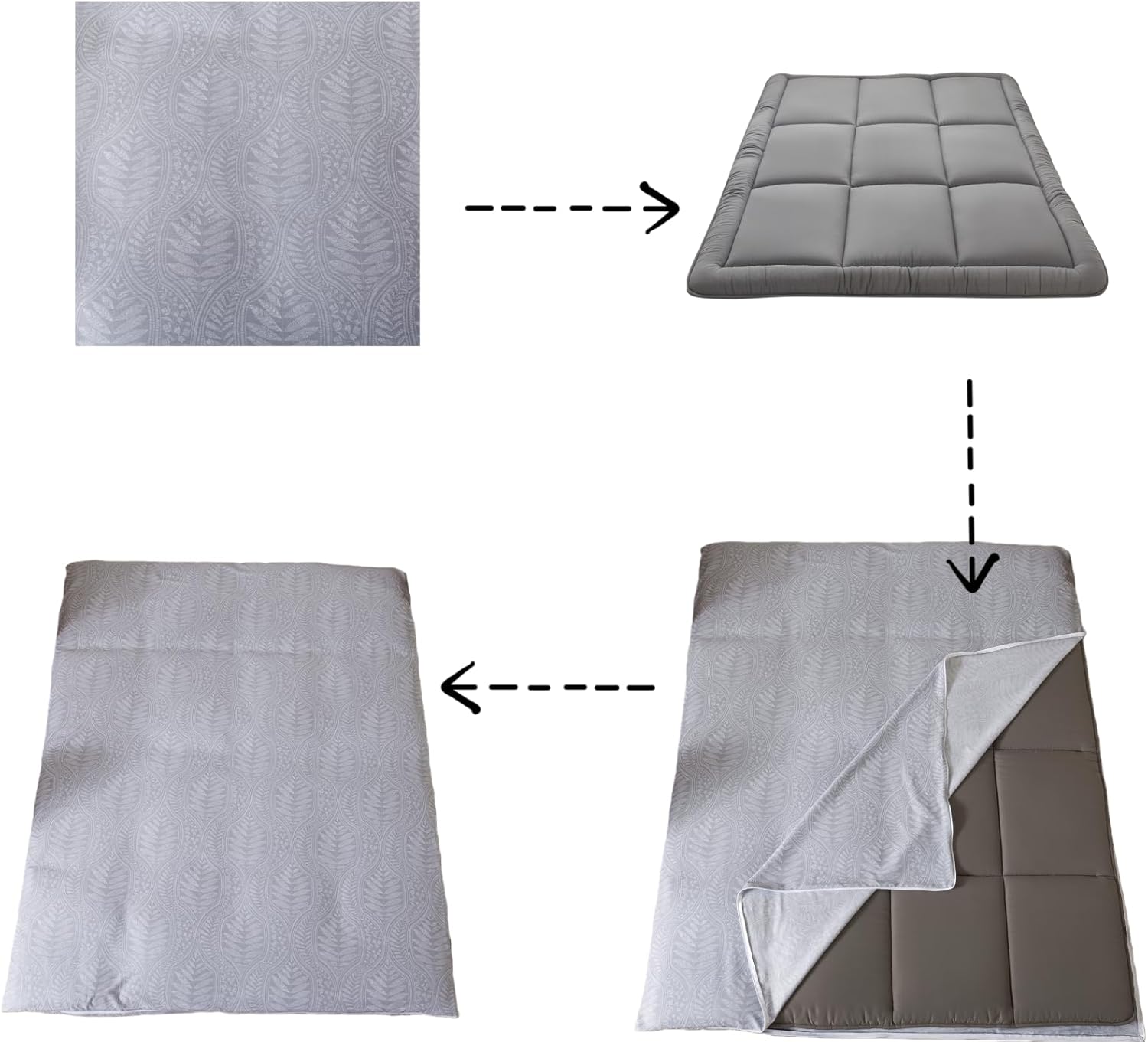 100% Cotton Futon Cover for Japanese Futon Floor Mattress with Zipper Twin Full Queen Machine Washable Super Soft (Grey Leaf, Queen)