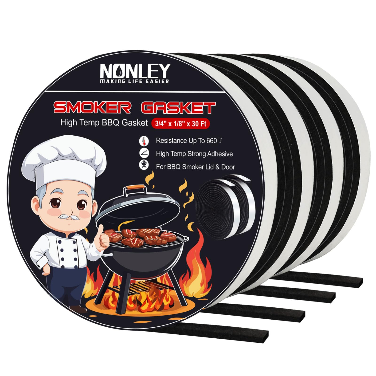 Nonley Smoker Gasket Seals 30FT XXL – 3/4 x 1/8 High Temp Grill Gasket for Smokers – BBQ Gasket Smoker Seal Self Stick, High Heat Grill Gasket Seal