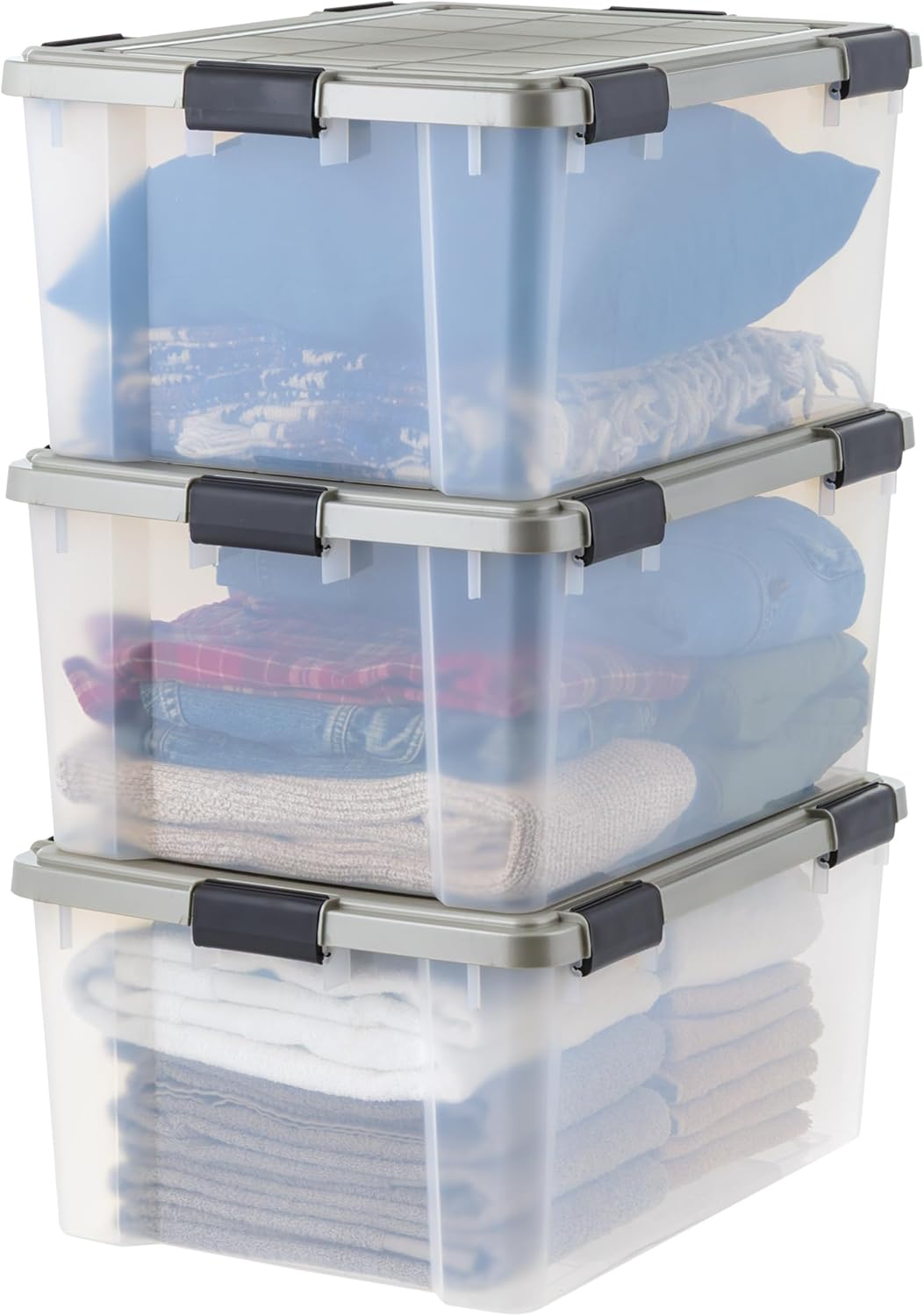 IRIS USA 60 Qt Storage Bins with Gasket Seal Lid, 3 Pack - BPA-Free, Heavy Duty Moving Containers Tight Latch, Weather Proof Tote, WEATHERPRO - Clear/Chrome 60 Qt. - 3 Pack