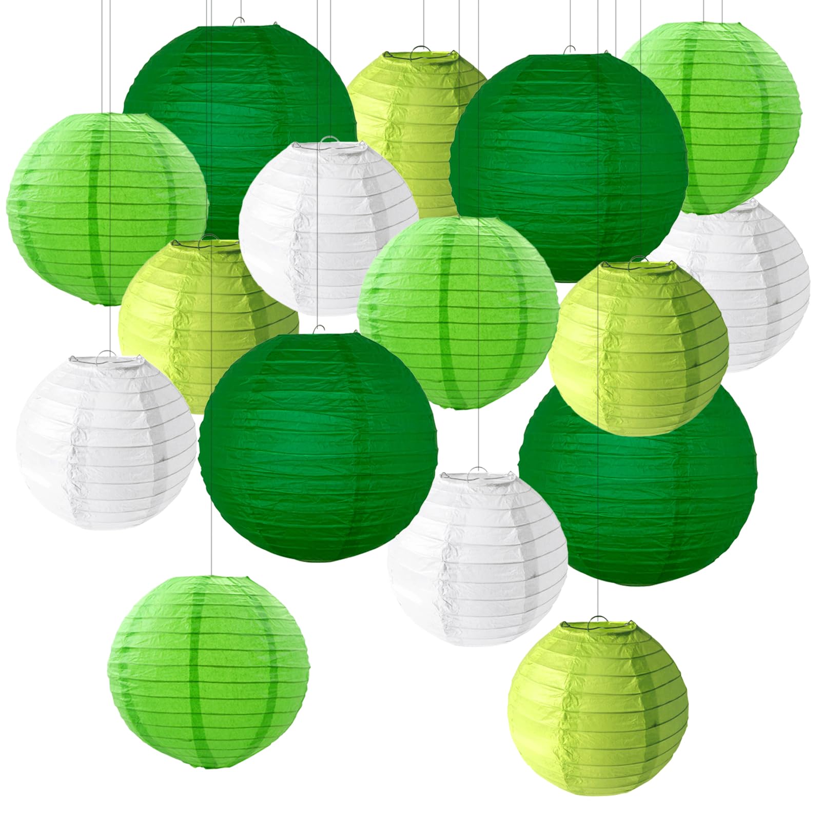 16pcs Boho Wedding Lanterns - White & Green Hanging Paper Lanterns Set for Parties & Celebrations