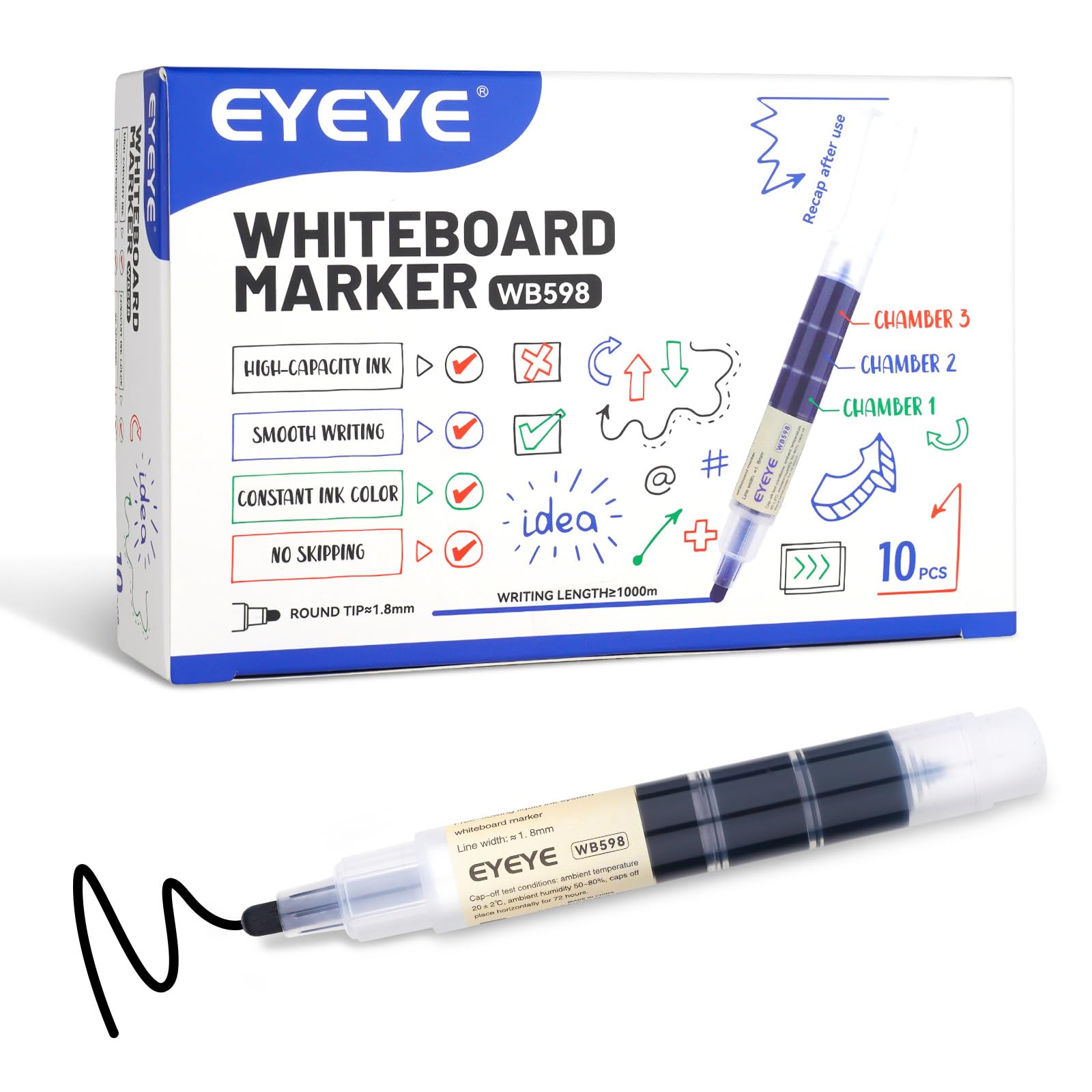 EYEYE Dry Erase Markers 10 Packs Black Whiteboard Markers Bulk Low Odor Easy Clean Ideal for Classroom School Office Home Whiteboard Use