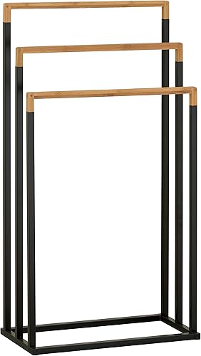 Miniatura 6 de MyGift Toallero de baño independiente de metal cromado negro de 33 pulgadas con barra de madera de bambú de 3 niveles, soporte de secado para