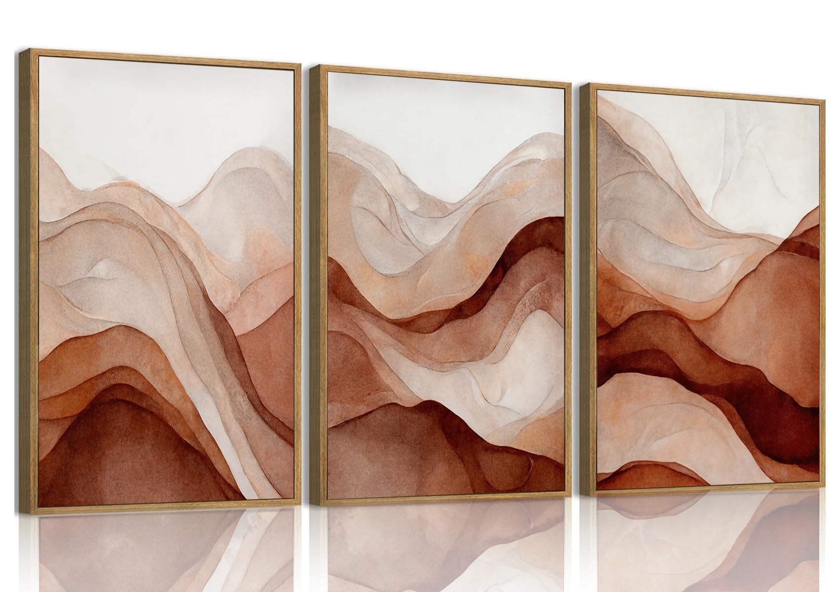 myusuar 3 Piece Large Abstract Framed Wall Art For Living Room, Smoke Texture Ink Warm Brown Terracotta Canvas Wall Art Modern Minimalist Art Prints