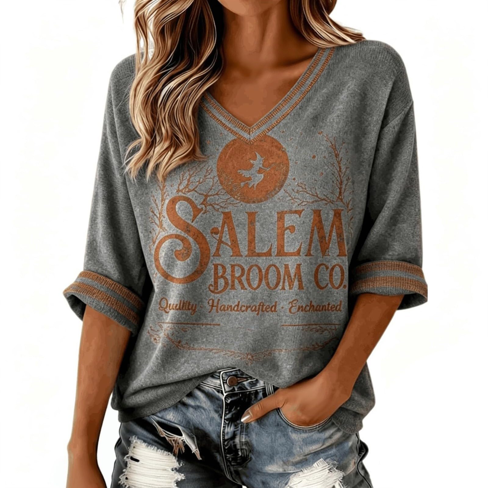 Salem Broom Co Halloween Shirts Women 3/4 Sleeve Vintage Witch Tops Grey — image 1