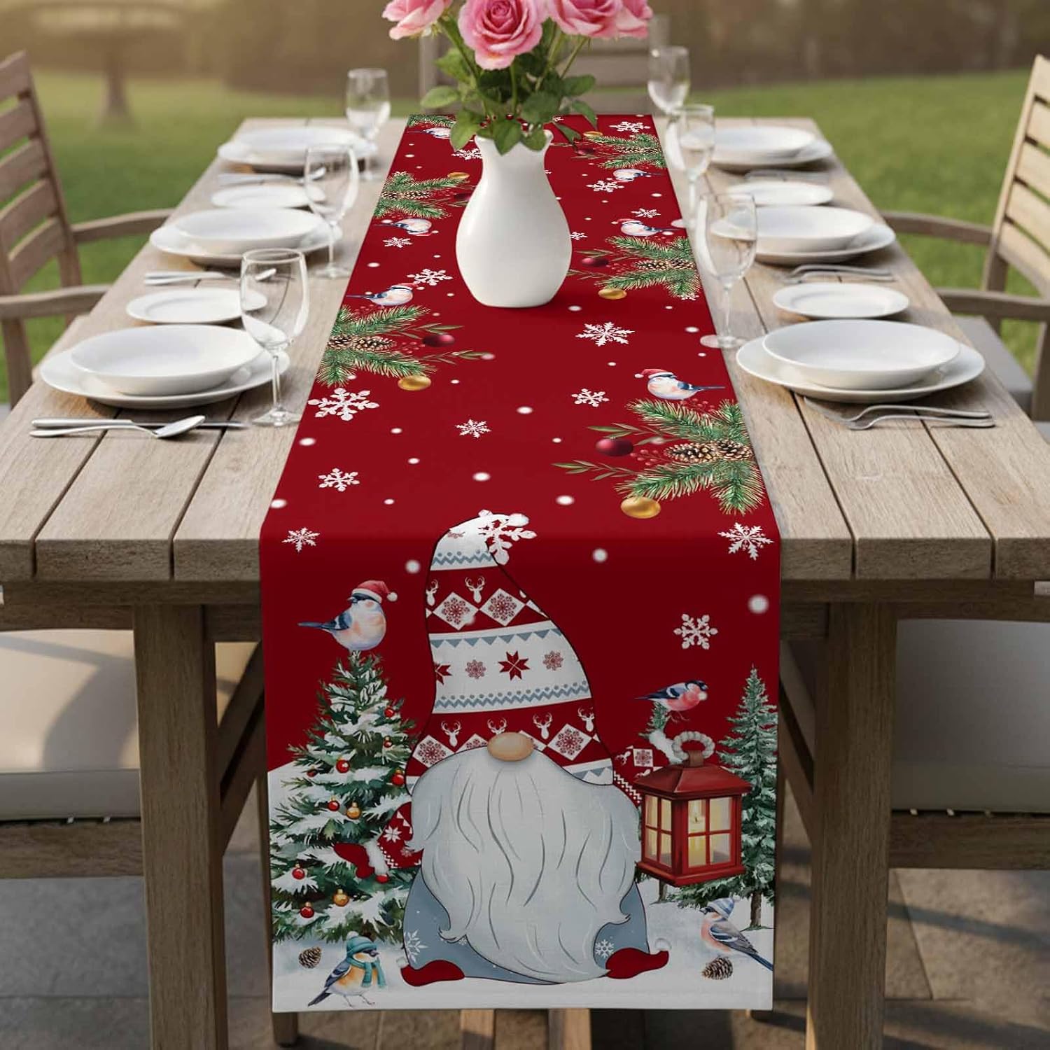 Seven Roses Christmas Gnome Table Runner 108 Inches Long, Farmhouse Birds Xmas Tree Dress Scarves, Pine Cones Winter Snowflake Red 13 x 108 inch