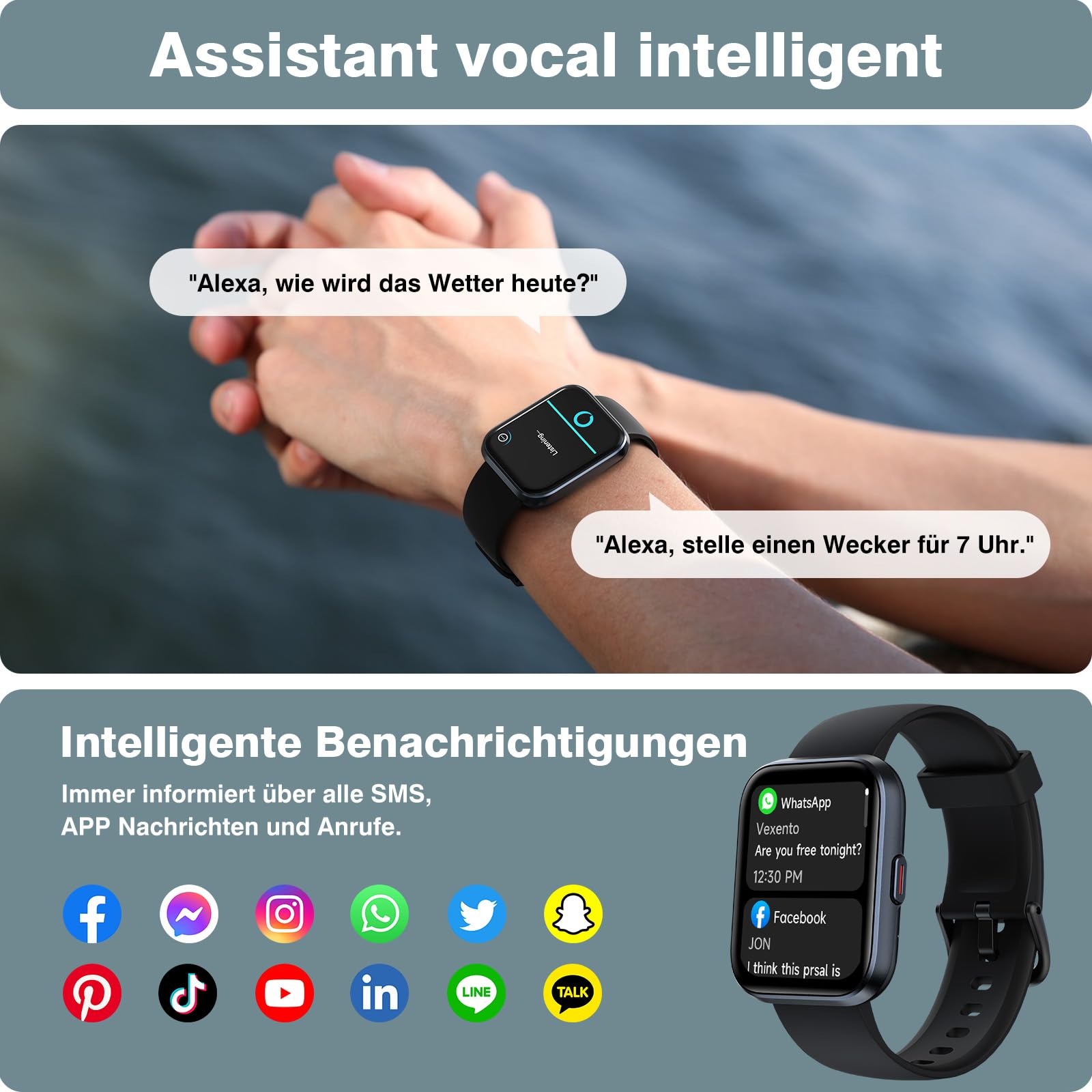 Smartwatch Herren Damen, 1.85" Smart Watch mit Telefonfunktion/Whatsapp, Fitnessuhr Herren mit Herzfrequenz/Schlafmonitor, 10 Tage Akku, 3ATM Wasserdicht Pulsuhr Damen für Samsung/iOS/Android, Alexa